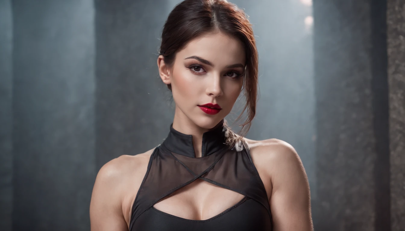 sexy beautiful female superheroine . dark brown hair brown eyes wears a black crop top with a red stripe in the middle and an opening on the chest . wears black shorts, die in der Mitte rot sind, with the addition of fishnet stockings. Wears black boots with a pink outline, She holds a pair of electric Escrima sticks in her hand Portrait photography by Artgerm, im Stil des Realismus, Glitzernde Haut, , natural lightting, Definierte, volle Lippen. Muscular fitness of female body