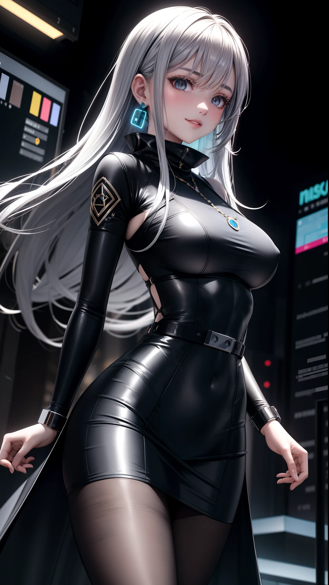 inside a high tech control room with many monitors and screen, wearing black suit and mini tight skirt, a girl with calm and rational personality, demonstrating a loyal and efficient approach to her tasks, human-like aspect to her, possess emotions and empathy, leadership and cooperation would be crucial traits for her in order to support the mercenaries effectively, 6-foot-tall mechanical being with a silver metallic exterior, boasts a futuristic design, sports data control gloves on her wrists, with small hardware interfaces on her fingertips, waist carries a belt containing communication devices, hacking tools, and other accessories, 8k, masterpiece, RAW photo, best quality, photorealistic, extremely detailed CG unity 8k wallpaper, Depth of field, Cinematic Light, Lens Flare, Ray tracing, (extremely beautiful face, beautiful lips, beautiful eyes), intricate detail face, ((ultra detailed skin)) 1girl, in the dark, deep shadow, pretty korean girl, kpop idol, 1 girl, (very slim slender fit-muscled body:1.3), ((looking at viewer)),(big smile:1.3), (fashion city night, dark night, (neon sign), (blurred background), fashion street night),(without people in the background:1.3), beautiful earrings, bracelets, necklace, pantyhose, clear eyes, walking, (pale skin), (big eyes), face forward, (brown hairs), (full body shot), ((silk hot navy blue color dress:1.3)), ((tight fitting dress)), ((laced dress)), (looking at viewer:1.3) open breast, very slim, medium breasts, turning back, (back shot), ass focus, brow front,(tight dress), thick thighs