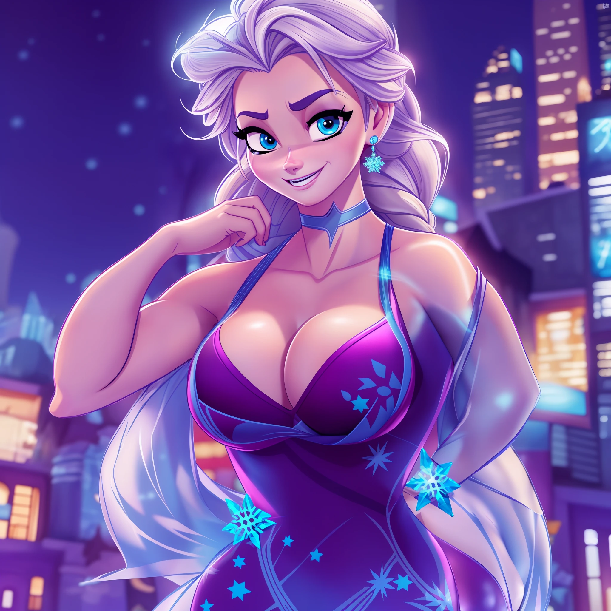 Frozen, (elsa fusion with ana:1.1), sexy, cartoon, elegant, sensual, smiling, realistic, brach with night city background, sexy one piece swimsuit, big breast