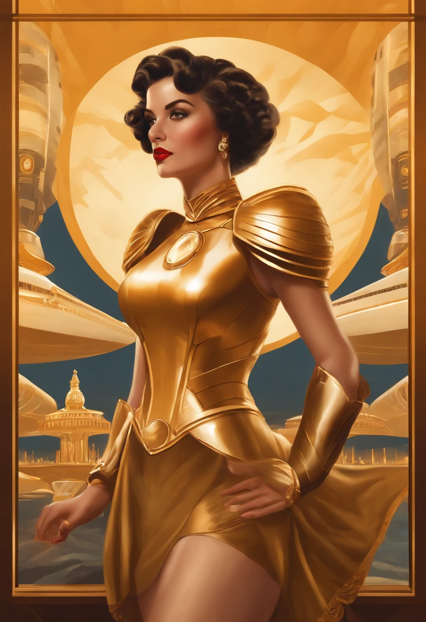 there is a woman in a futuristic dress standing in front of a bunch of people, large dieselpunk flying airships, dribbble, inspired by Gil Elvgren, fantasy paladin woman, inspired by Mark Brooks, [ bubbles, portrait of helen of troy, sci - fi : :, golden armour