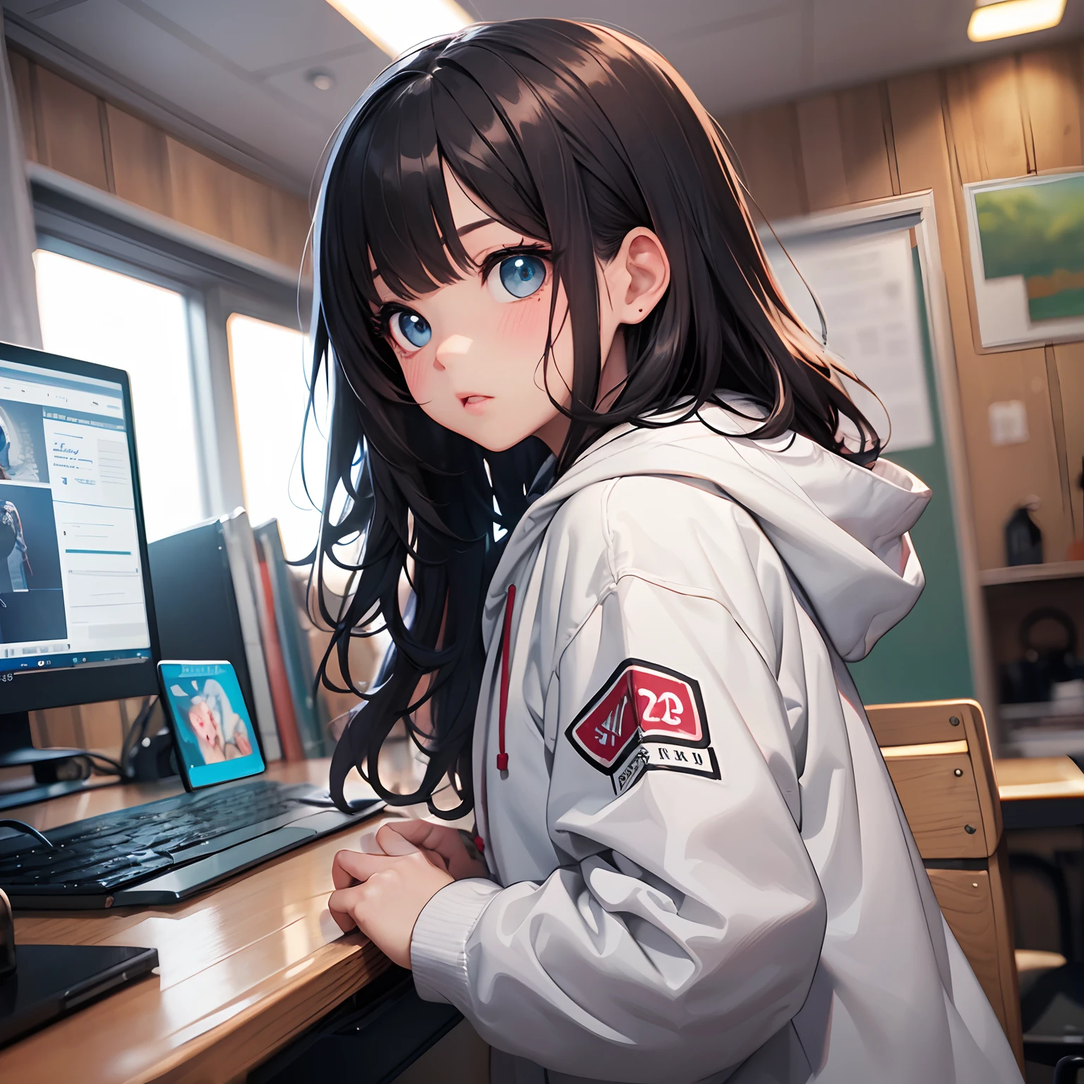 (top-quality、in 8K、32K、masterpiece、nffsw、超A high resolution、Impresionismo、Photorealsitic:1.2)、shinny skin、Dark hair、blue eyess、length hair、Doya face、hi-school girl、(Chibi:1.2)、(a girl)、Worried face in front of computer、Troubled face、red blush、Wavy mouth、White hoodie、Wearing a hood
