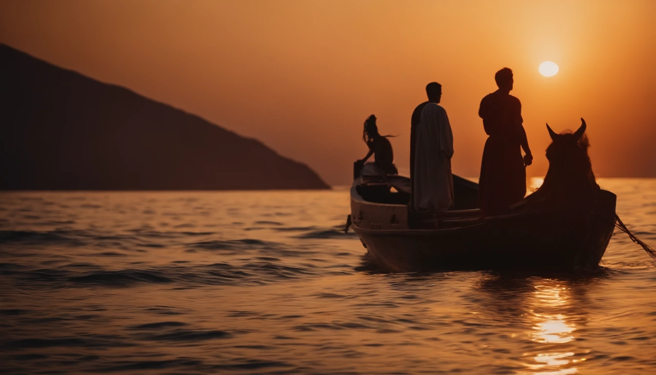 A vibrant sunset over the Aegean Sea with a young Julius Caesar travelling by ship.