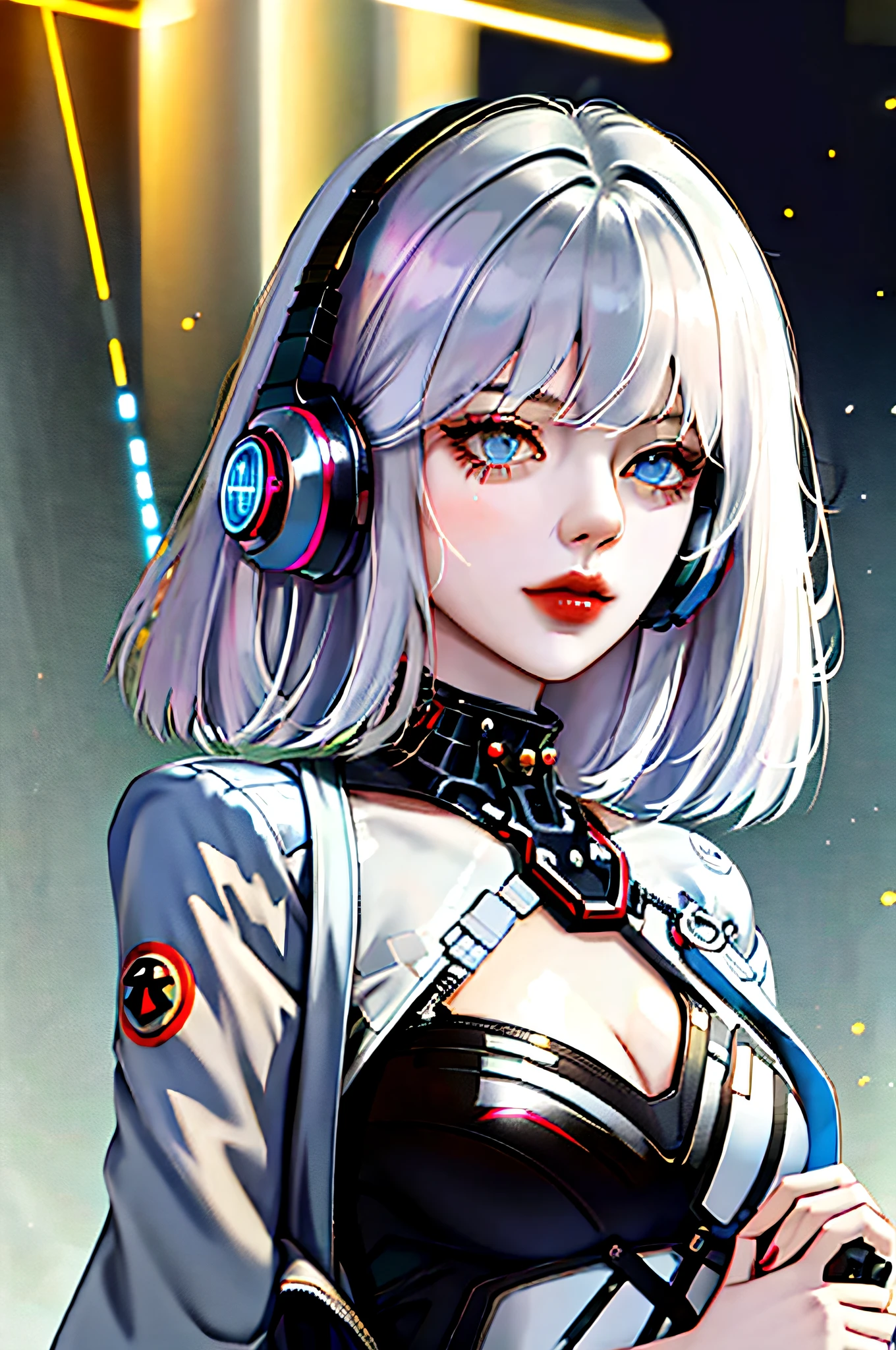 1girl, bangs, white hair, blue eyes, fashi-girl,bob cut,short hair, cleavage, collarbone, open jacket,mecha,cyberpunk,neon lights,large breasts,mature female,shiny skin,rain,water drop,badass,alluring,mecha musume,ghost in the shell,red lips,looking to the side,closed mouth,headphones,cinematic lighting