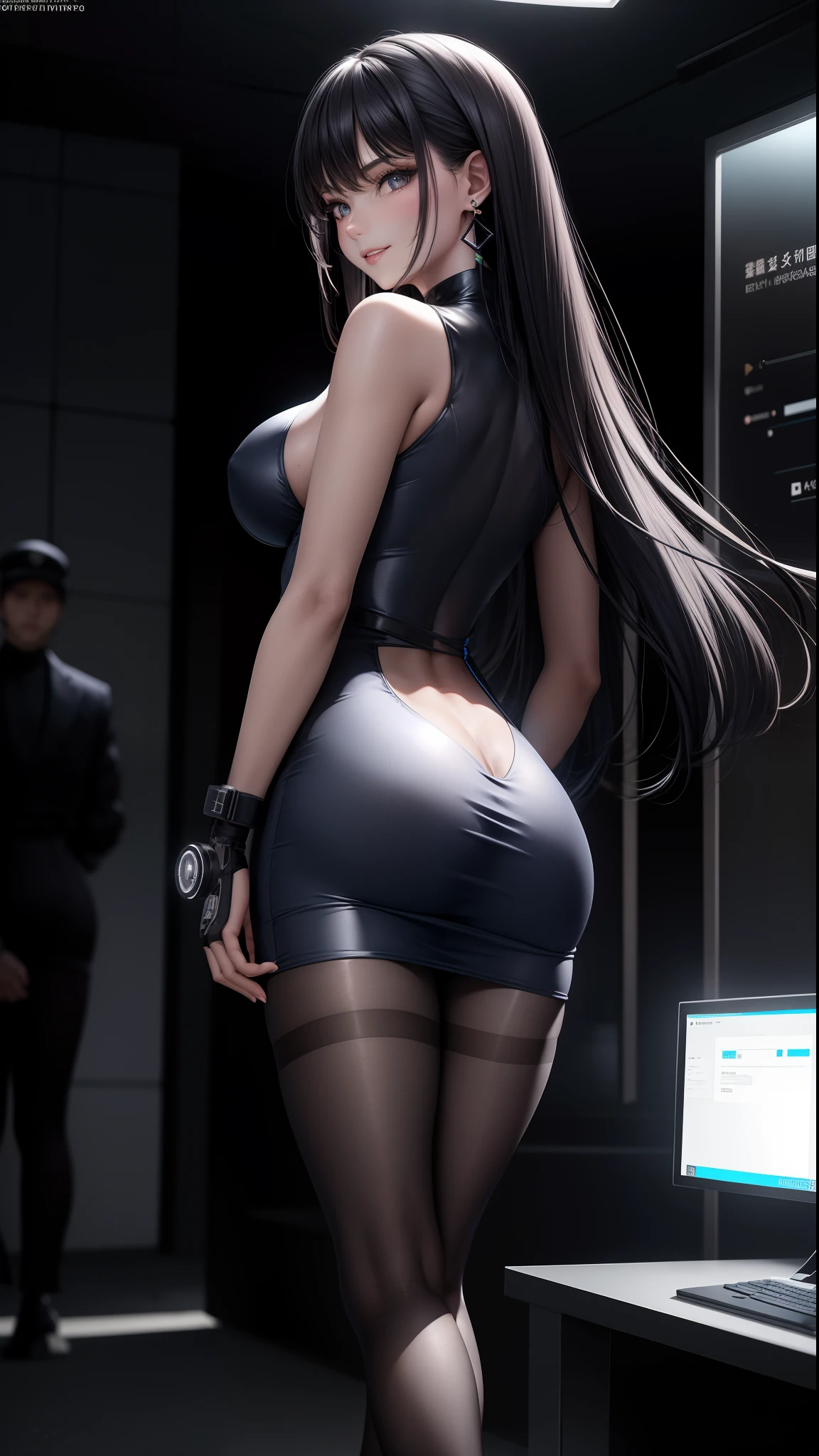 inside a high tech control room with many monitors and screen, wearing black suit and mini tight skirt, a girl with calm and rational personality, demonstrating a loyal and efficient approach to her tasks, human-like aspect to her, possess emotions and empathy, leadership and cooperation would be crucial traits for her in order to support the mercenaries effectively, 6-foot-tall mechanical being with a silver metallic exterior, boasts a futuristic design, sports data control gloves on her wrists, with small hardware interfaces on her fingertips, waist carries a belt containing communication devices, hacking tools, and other accessories, 8k, masterpiece, RAW photo, best quality, photorealistic, extremely detailed CG unity 8k wallpaper, Depth of field, Cinematic Light, Lens Flare, Ray tracing, (extremely beautiful face, beautiful lips, beautiful eyes), intricate detail face, ((ultra detailed skin)) 1girl, in the dark, deep shadow, pretty korean girl, kpop idol, 1 girl, (very slim slender fit-muscled body:1.3), ((looking at viewer)),(big smile:1.3), (fashion city night, dark night, (neon sign), (blurred background), fashion street night),(without people in the background:1.3), beautiful earrings, bracelets, necklace, pantyhose, clear eyes, walking, (pale skin), (big eyes), face forward, (brown hairs), (full body shot), ((silk hot navy blue color dress:1.3)), ((tight fitting dress)), ((laced dress)), (looking at viewer:1.3) open breast, very slim, medium breasts, turning back, (back shot), ass focus, brow front,(tight dress), thick thighs