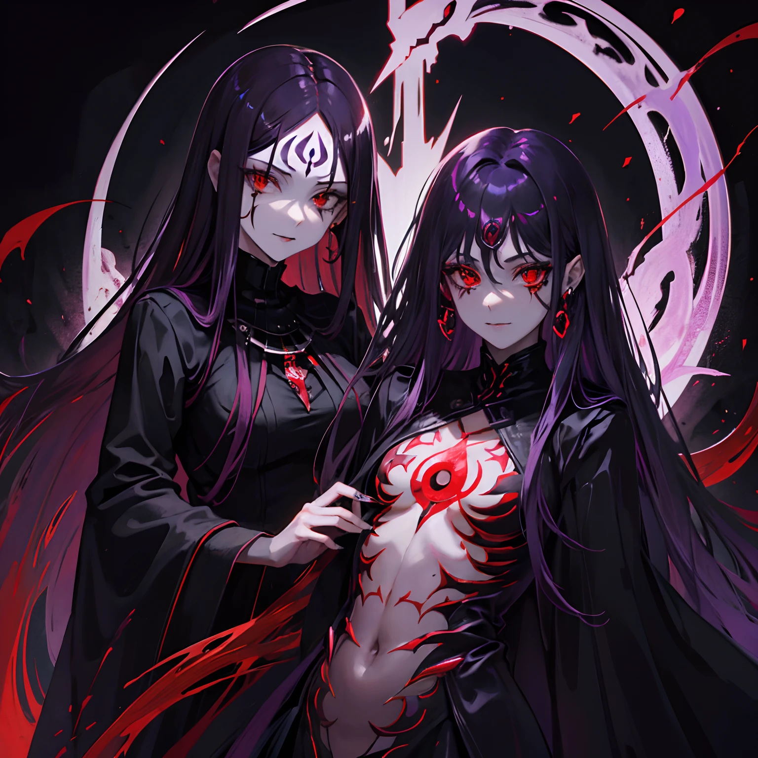 Woman, long dark purple hair, red eyes with a bright light, black long dress, witch, silver jewelry in the shape of ribs, metal mask on half of the face, snake tattoo, dark background, black lipstick