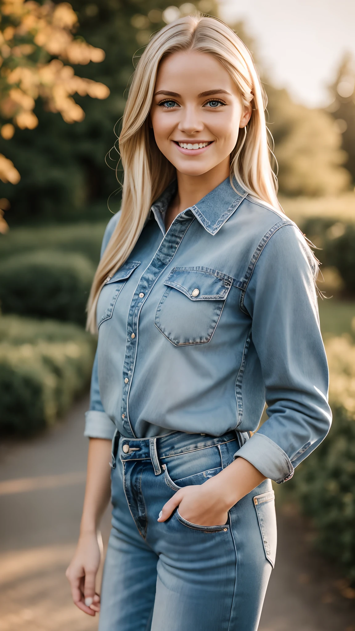 Hyper realistic and detailed full body photo of one young blonde smiling beautiful woman wearing jean and logn sleeve shirt. Outside. Sun is shining. perfect eyes, (Eye makeup:1.1), (highly detailed skin:1.1), RAW, analog style, sharp focus, 8k UHD, DSLR, high quality, Fujifilm XT3, grain, award winning, masterpiece.
