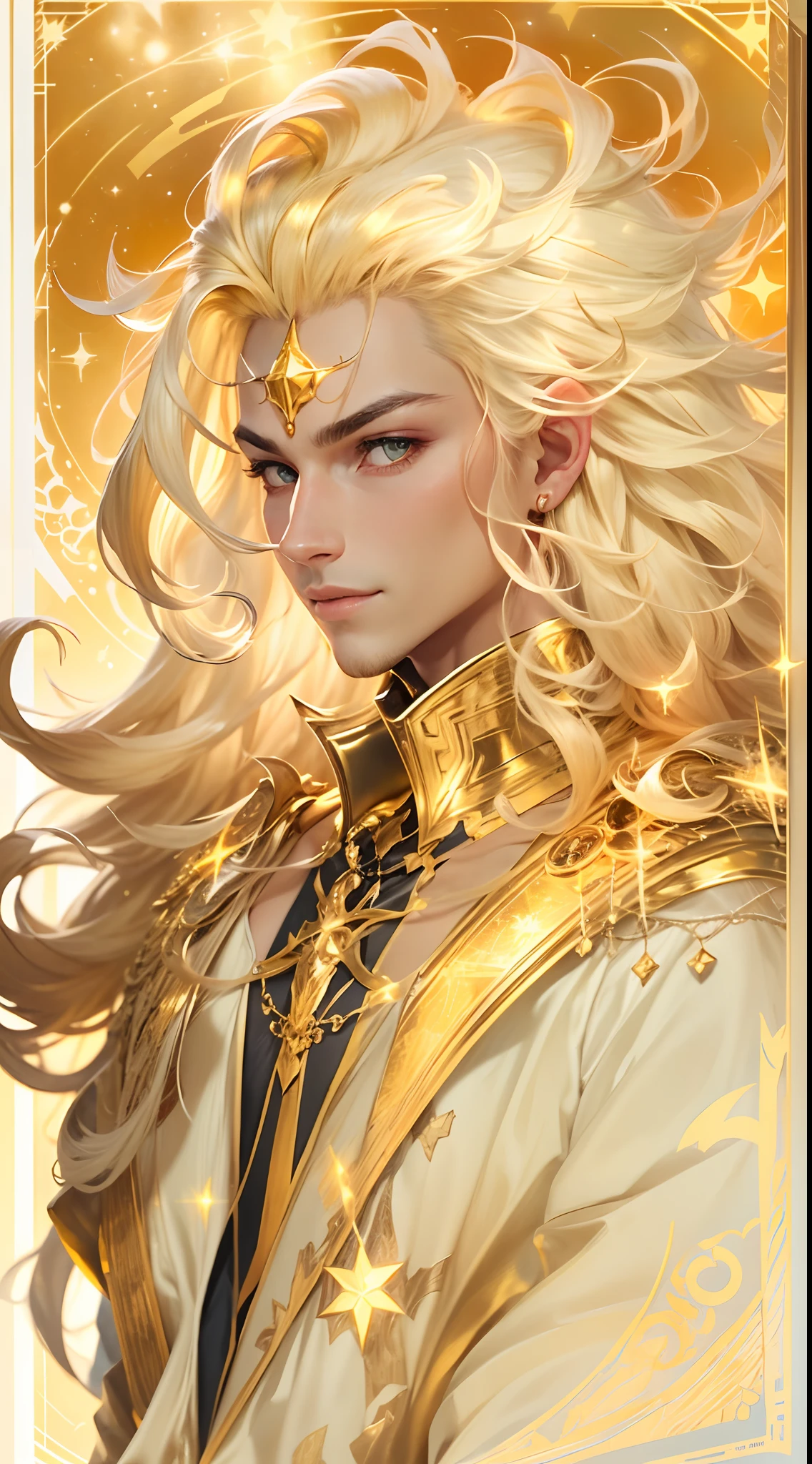 Create a man with unique characteristics, inspired by the sign of Leo and the cosmological stars An artistic representation of the essence of this sign, with striking features and a mysterious aura, leave in evidence golden traces of gold and golden lights, yellowish hair like gold and a confident smile Make clear the pride of the sign of Leo in its essence with a long curly and voluminous hair as a representation of the mane