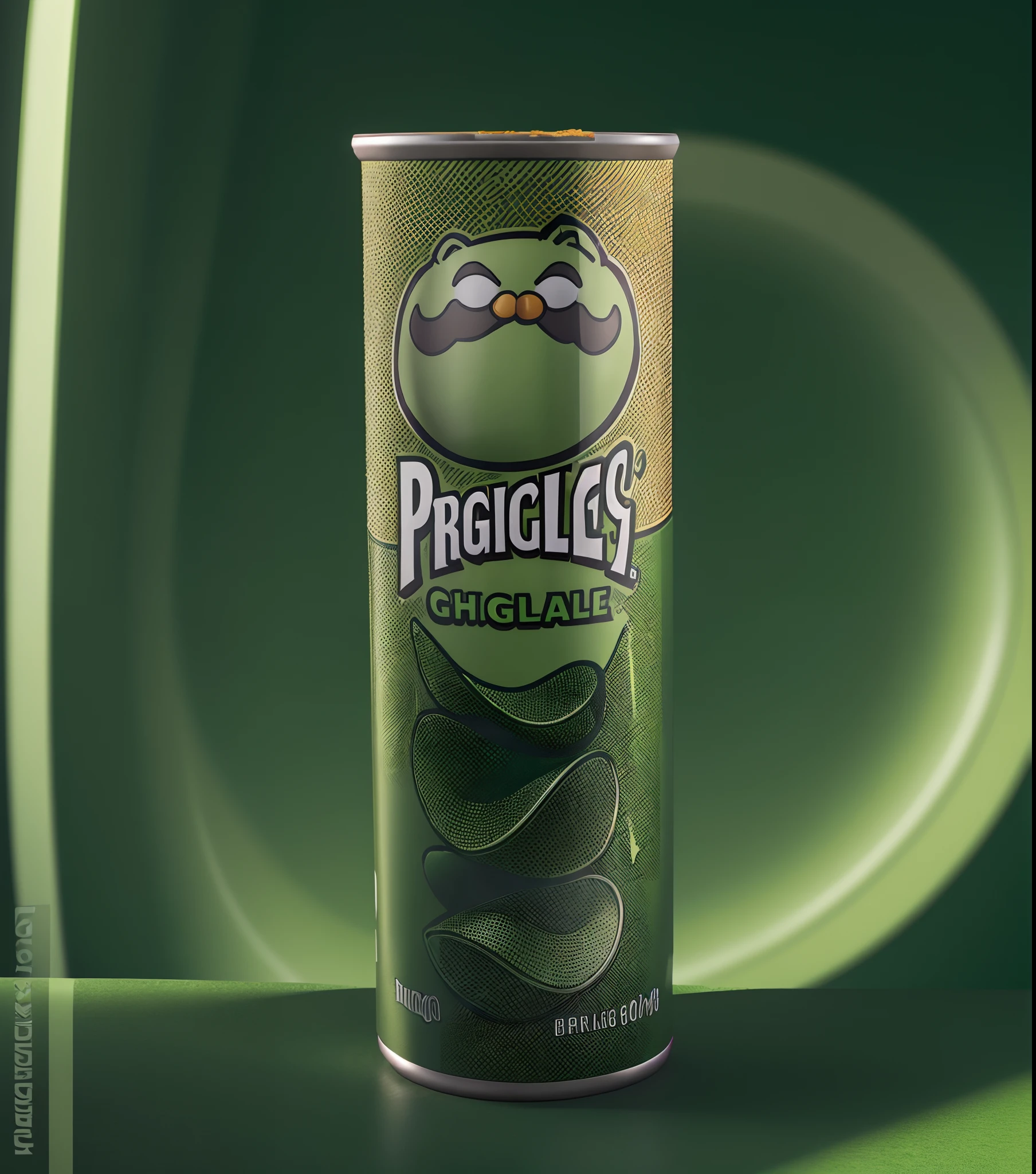 (best quality,highres),pringles HULK edition,metallic green, iconic shape of potato chips,add text ''PRINGLES'' {PRINGLES} , portraits,vivid colors,sharp focus,physically-based rendering