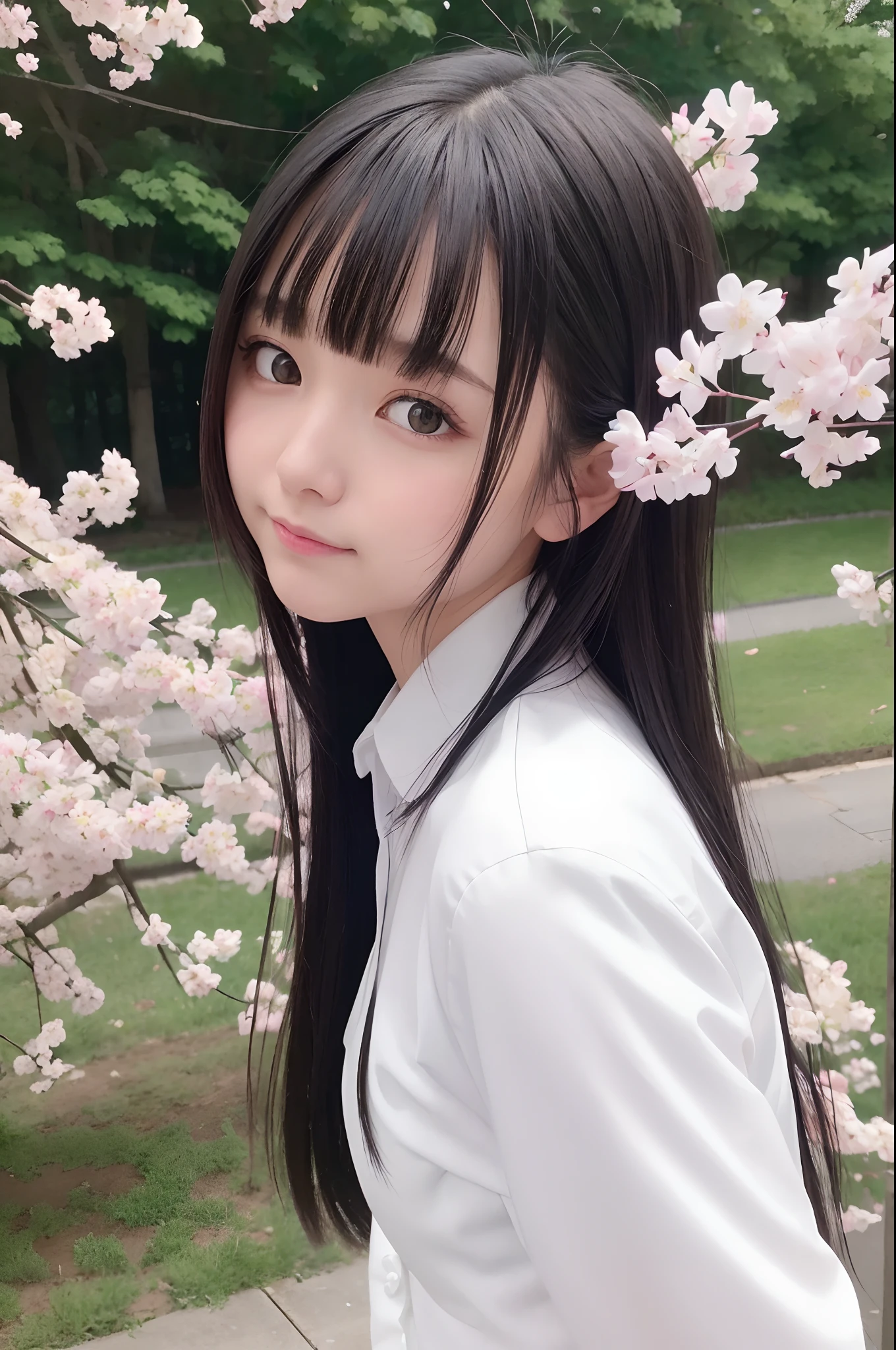 kawaii pure realisitic Best Quality, masutepiece, Extremely detailed, Detailed people, 1girl in, Solo, Long hair,Breast small, frontage, Black hair, White background, pink flowers, In the street, profile, full bodyesbian, smil, White shirt, white blossoms, Bangs, Black eyes, Blurred on the left eyebrow