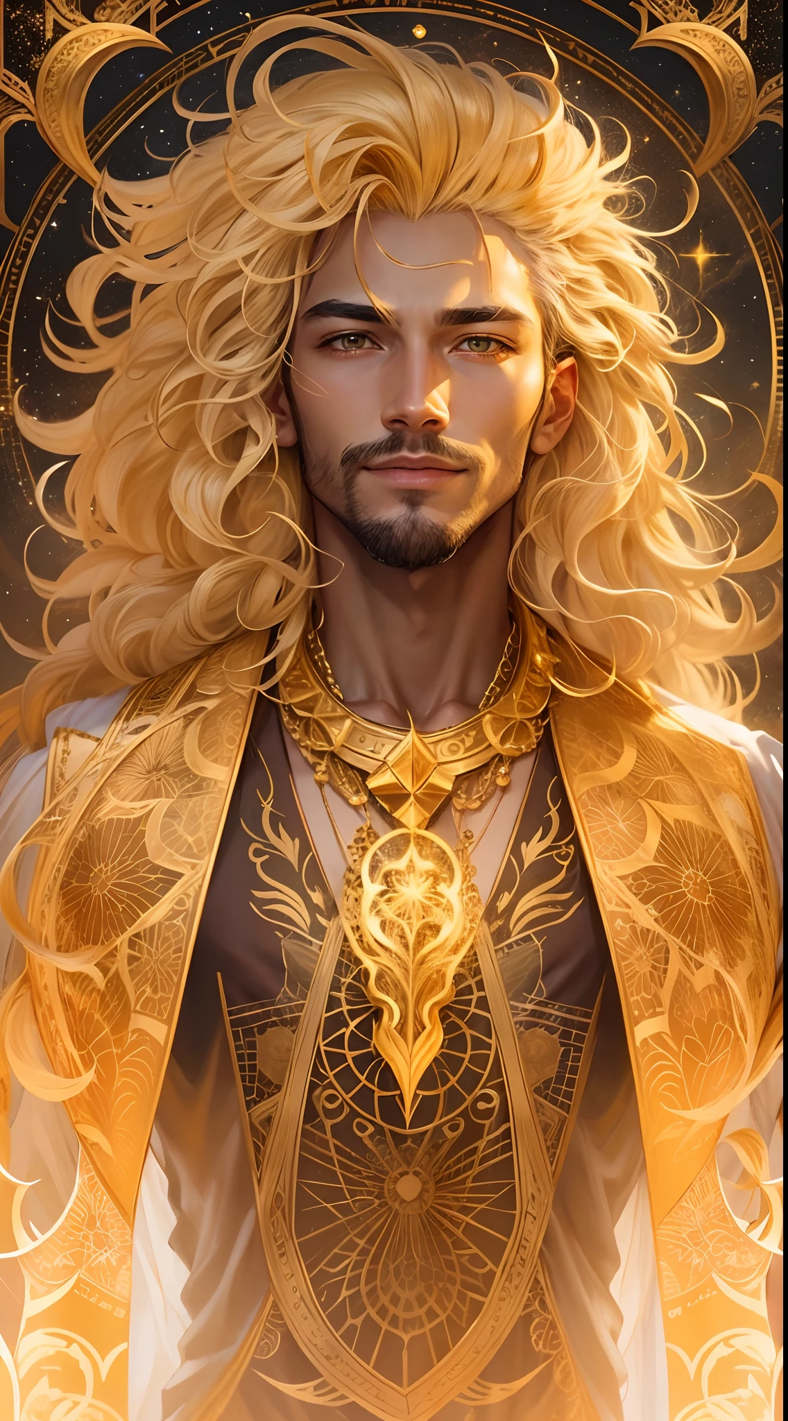 Create a man with unique characteristics, inspired by the sign of Leo and the cosmological stars An artistic representation of the essence of this sign, with striking features and a mysterious aura, leave in evidence golden traces of gold and golden lights, yellowish hair like gold and a confident smile Make clear the pride of the sign of Leo in its essence with a long curly and voluminous hair as a representation of the mane