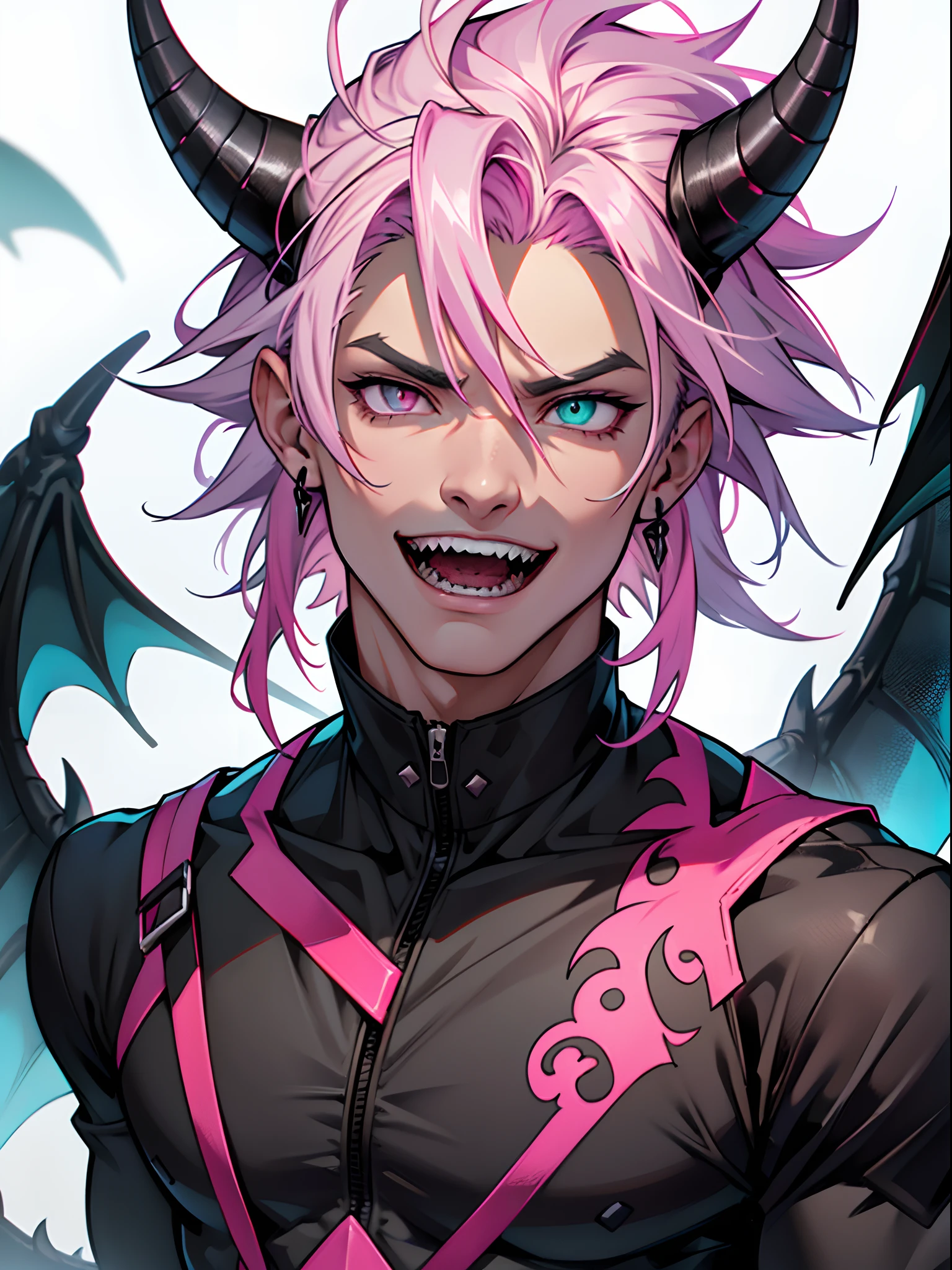 1male, draconic, dragon human hybrid, tall, handsome, manly face, sharp face, open mouth, smiling, shark teeth, muscular, grey skintone, gray skintone, masterpiece, best quality, muscular, bright neon pink hair, black dragon horns, black reptile scales on body and face, black dragon tail, gothic wear, heterochromia eyes, left eye green, right eye pink, ultrasharp, high res, 8k
