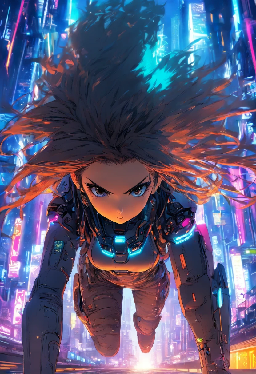 foreshortening, depth of field, masterpiece, best quality, 1girl, brown hair, brown eyes, long hair, cyberpunk