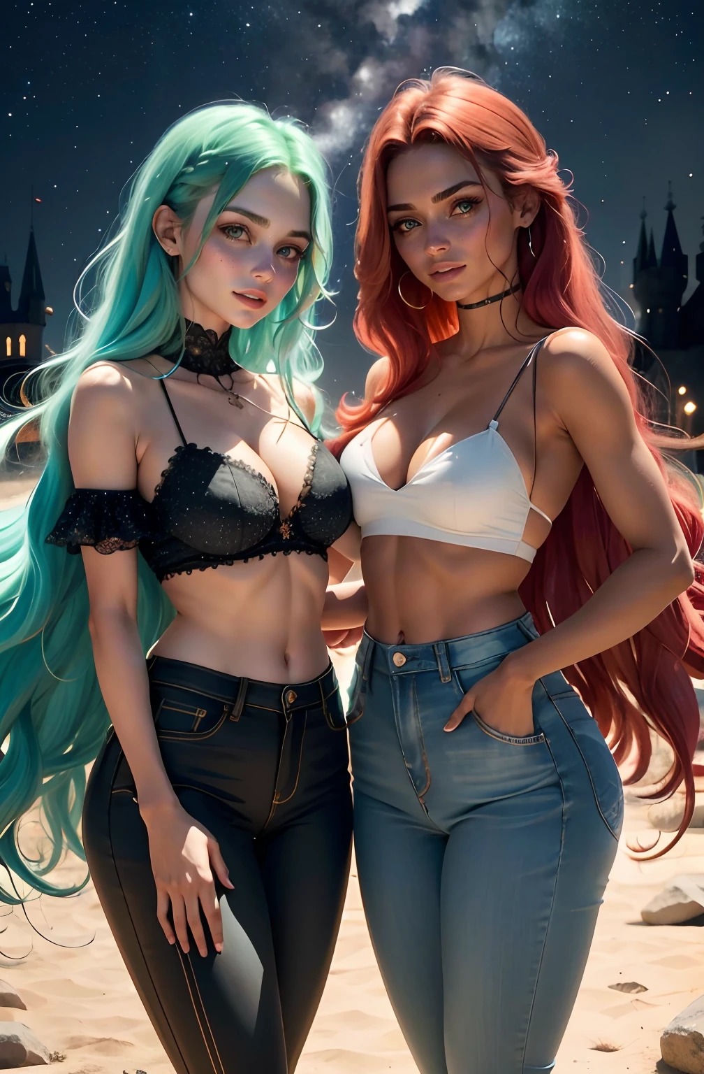 melhor qualidade, realista. 2 garotas distantes uma para a outra, uma garota tem cabelo laranja/ruivocor  de vermelho fogo. A outra garota tem cabelos curtos pretos/verdes com mechas azuis. They are dressed in pants/saia jeans e cropped, The English girls stand in front of a dark castle, night and starry sky. It's night the night sky is starry. They have hair of different colors, bem como tom de pele diferentes