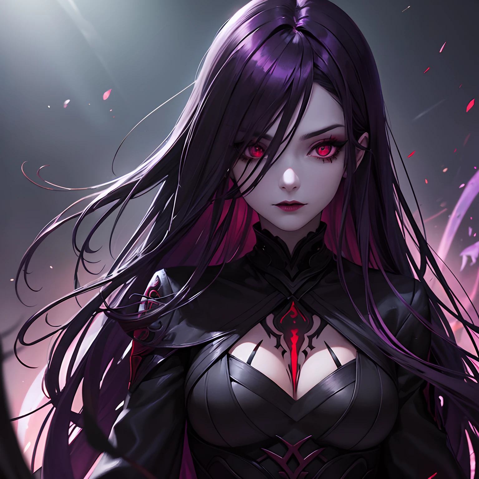 Woman, long dark purple hair, red eyes with a bright light, black long dress, witch, silver jewelry in the shape of ribs, metal mask on half of the face, snake tattoo, dark background, black lipstick