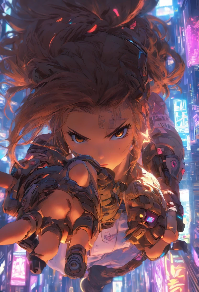 foreshortening, depth of field, masterpiece, best quality, 1girl, brown hair, brown eyes, long hair, cyberpunk