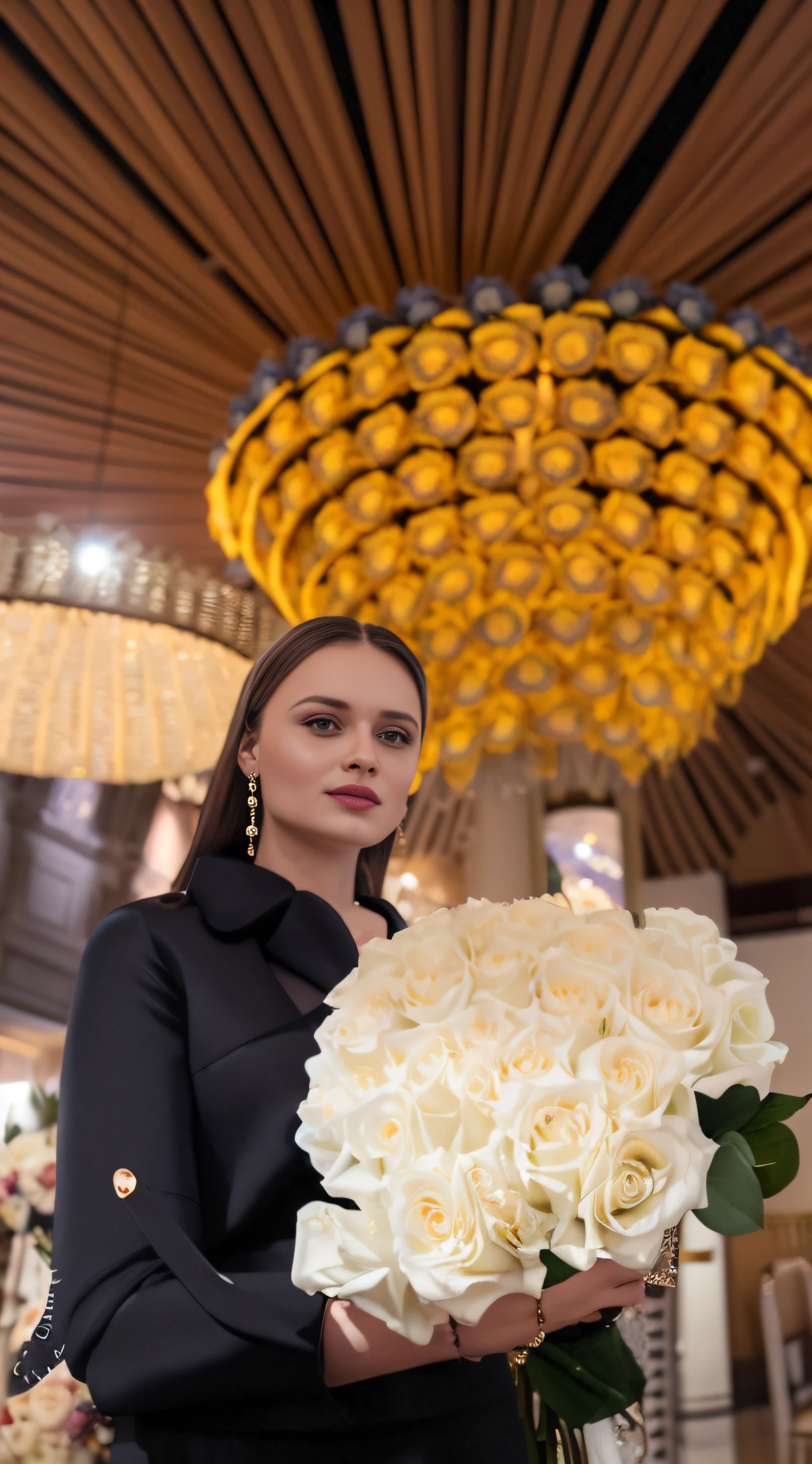 Woman holding a bouquet of white roses in a large room, anastasia ovchinnikova, alina ivanchenko, viktoria gavrilenko, with flowers, dasha taran, moleksandra shchaslyva, julia gorokhova, sofya emelenko, Angelina Stroganova, nadezhda tikhomirova