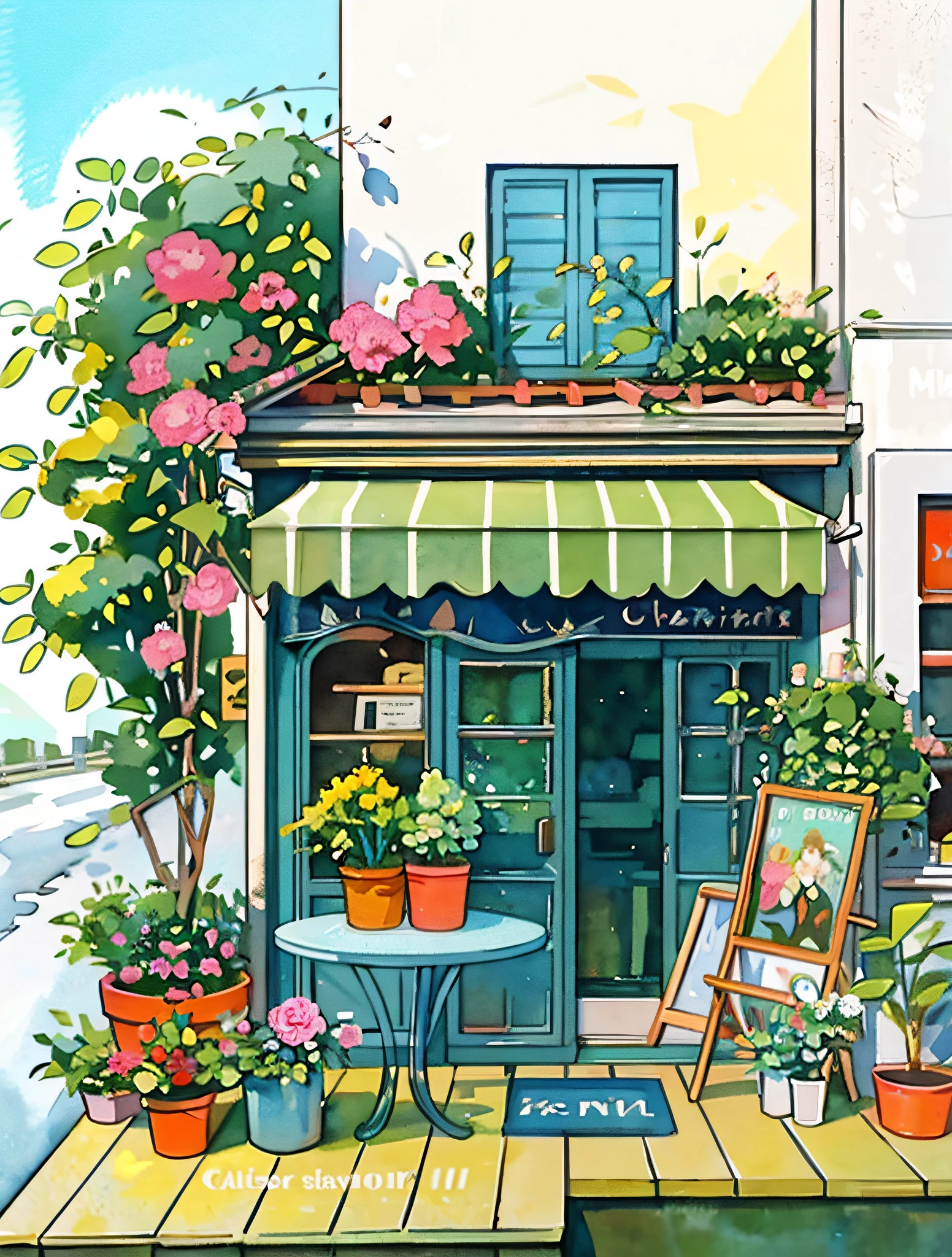 There is a painting of a florist,There are tables and chairs inside, flower shop scene, Watercolor illustration style, Watercolor painting style, cozy cafe background, painting illustration, Flat color, Anime background art, vignette illustration, shop front, hand painted cartoon art style, Cafe, watercolor detailed art, shop front, watercolor digital painting, detailed watercolour, detailed scene