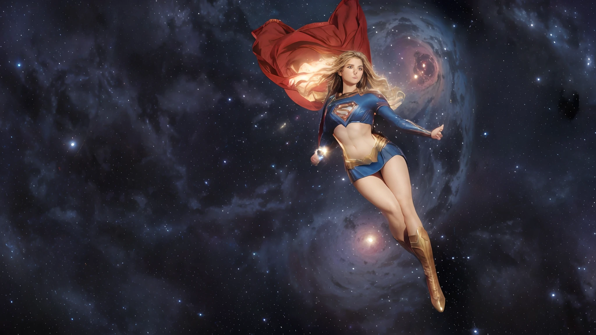 The actress Milly Alcock as the character Supergirl, perfect costume, armor suit, traditional 'S' in the chest, extremely beautiful blue eyes, beautiful blond hair, incredible beautifulanatomy, smooth curves, perfect anatomy, underneath angle view, perfect smile, red cape, space in the background 