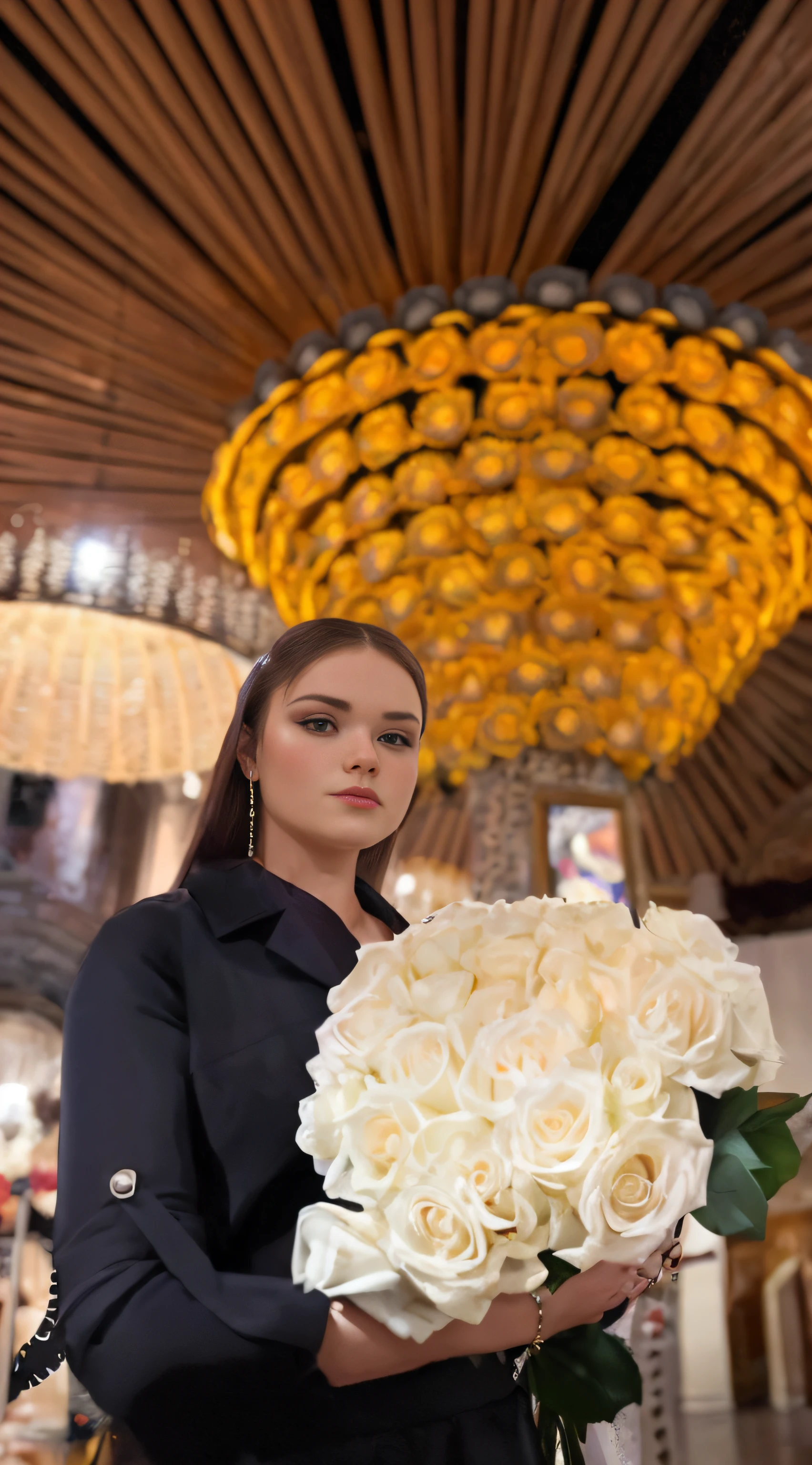 Woman holding a bouquet of white roses in a large room, anastasia ovchinnikova, alina ivanchenko, viktoria gavrilenko, with flowers, dasha taran, moleksandra shchaslyva, julia gorokhova, sofya emelenko, Angelina Stroganova, nadezhda tikhomirova