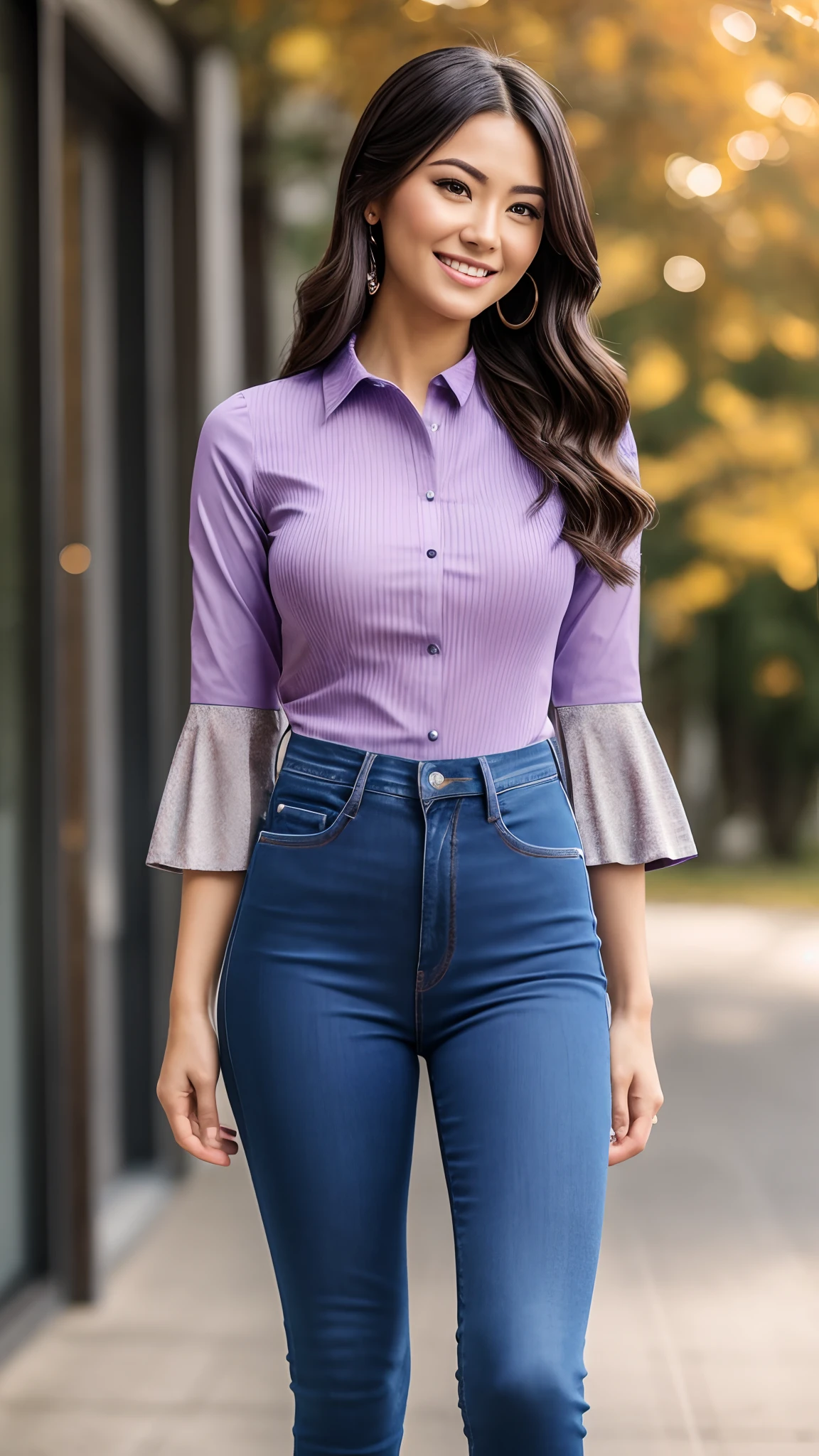 A woman wearing a purple shirt and blue jeans SeaArt AI