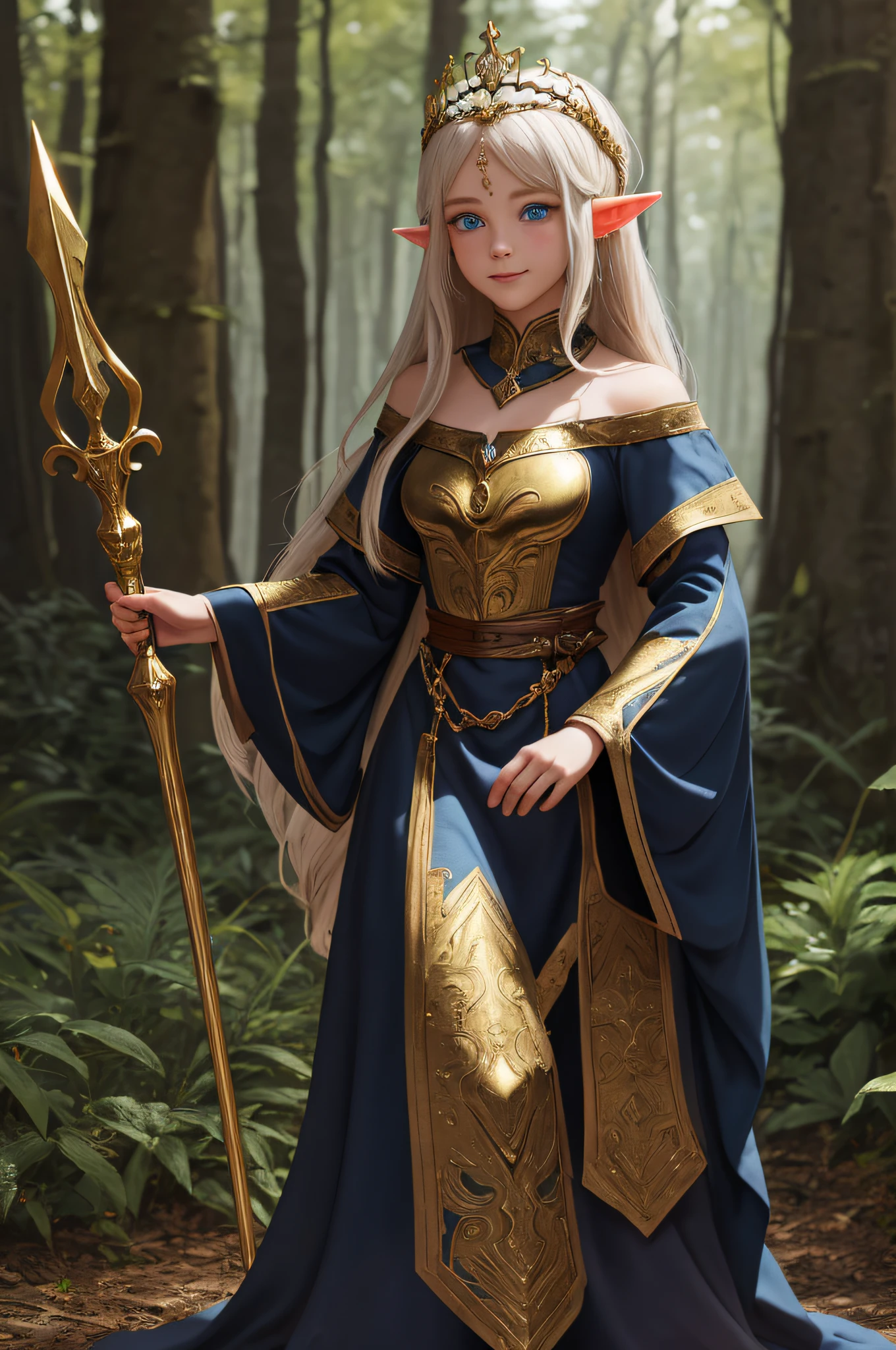 young girl walking through a mediaeval forest with a marble staff, {{{wide angle shot:1.2}}}, {{{full body shot:1.2}}}, {best quality}, {{masterpiece}}, {highres}, {{{8k}}}, {{{character{1 girl}}}}, solo, fully detailed female, {{{pale skim}}}, elf ears, {{{{beautiful detailed eyes:1.4}}}, {dark blue eyes}}, {long off shoulder mediaeval dark blue dress with gold edges, gold tiara with single blue gem}, {{{{{sharp focus}}}}}, {very long hair, brown hair}, {{{detailed cloth texture}}}, {{{realistic shading:1.4}}}, {{{concept art}}}, {{{fantasy art}}}, light smile, marble staff, gold rings on staff,