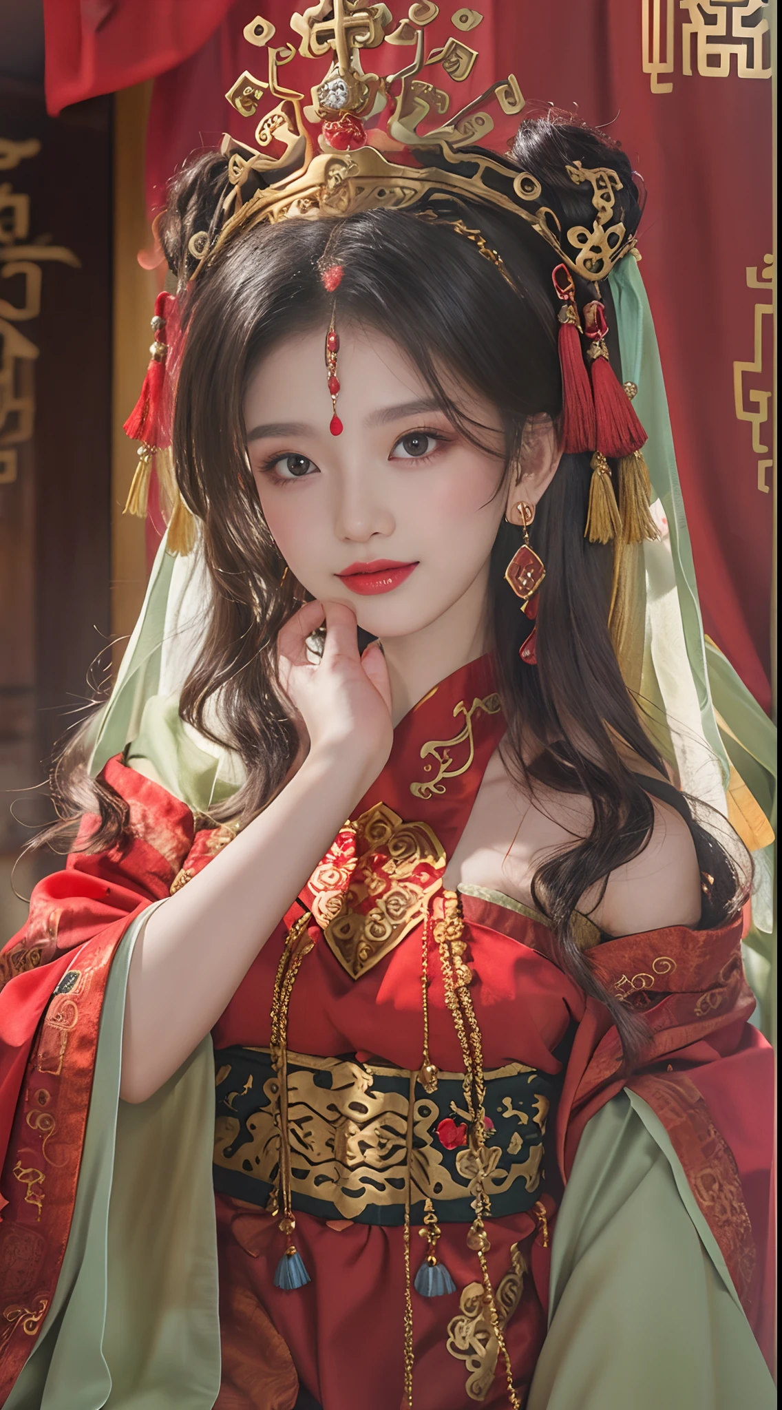 (Best quality: 1.1), (Realistic: 1.1), (Photography: 1.1), (highly details: 1.1), A woman wears a red and gold dress，Woman with a crown on her head, A hair stick, (sitting on red bed), black_Hair, crown, Looking down, (2 red candles), Chinese_clothes, Curtains, Earrings, Hair_decorations, Hanfu, interiors, jewelry, Long_Sleeves, Red dress, Redlip, nipple tassels, (Red quilt), (red palace: 1.2), (3DMM: 1.5),mix4,