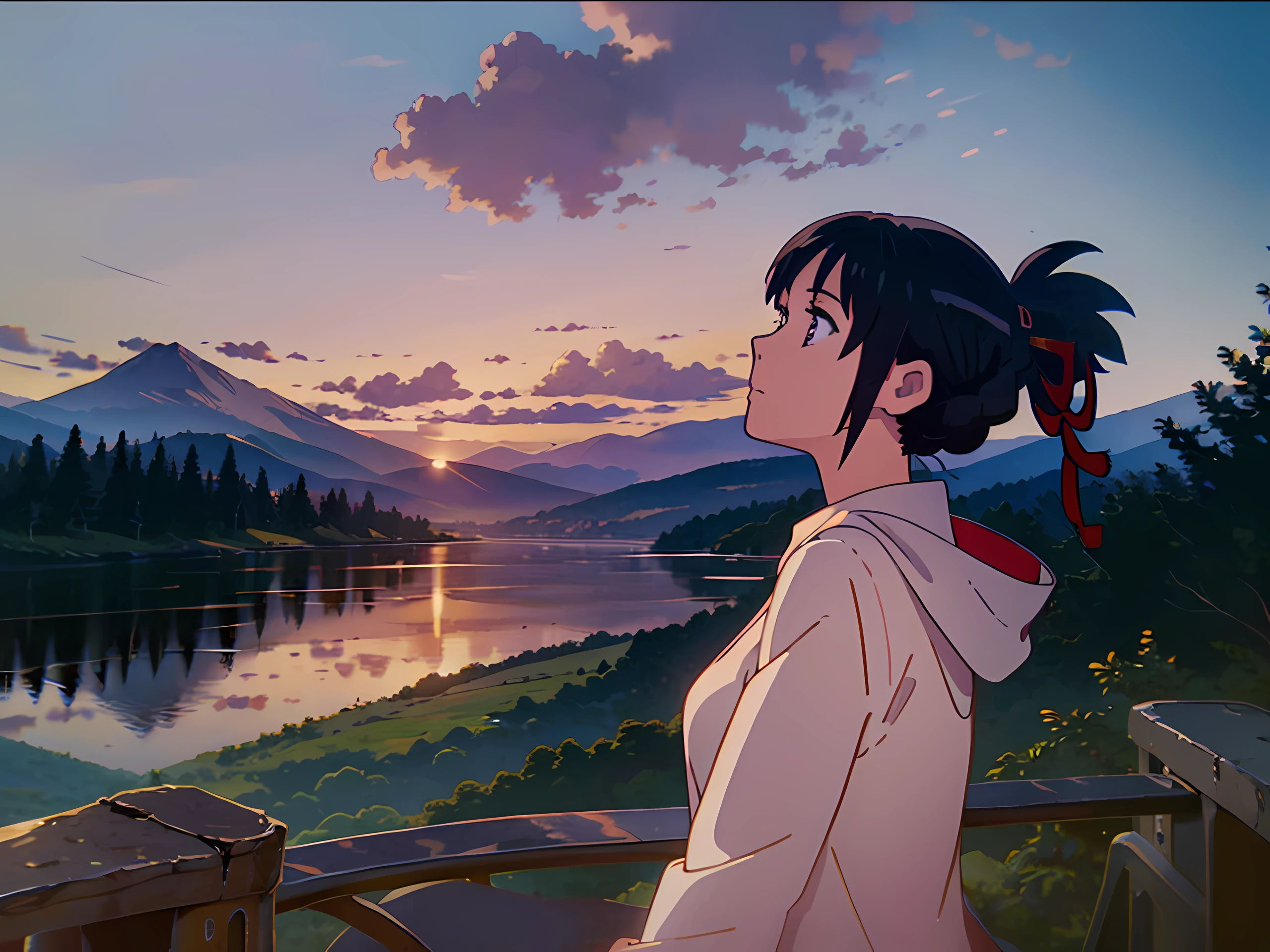 1 girl, mountain, beautiful sky, greenery, octans, sunset, twilight, moody lighting, outdoor, celestial light, beautiful comet, Astonished, better quality, masterpiece