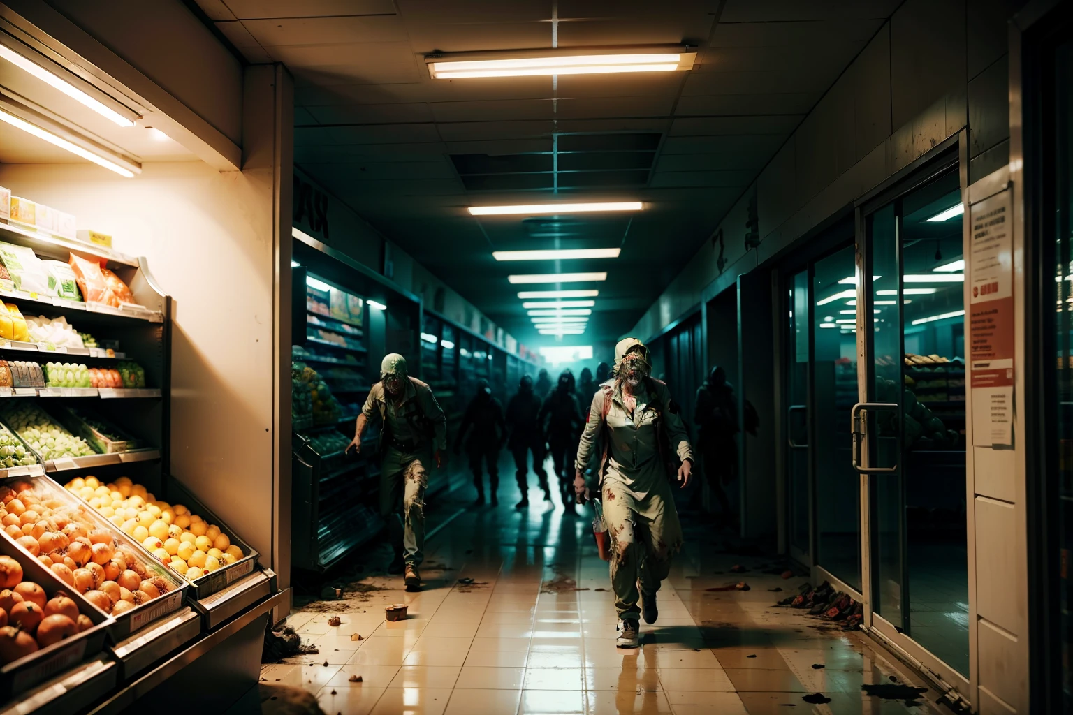 zombies roaming inside of a grocery store in an apocalypse scene, (dynamic images)