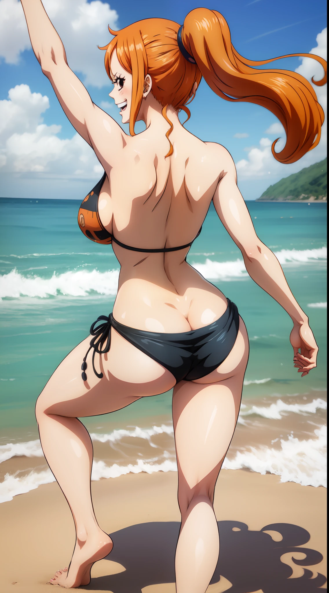 (ANIME ART STYLE),Nami from one piece, brown eyes, orange long ponytail hair, wearing black bikini, standing on beach, blushing,(NSFW), back view, full body view, joyful expression, Dynamic pose, dynamic stretching bikini.