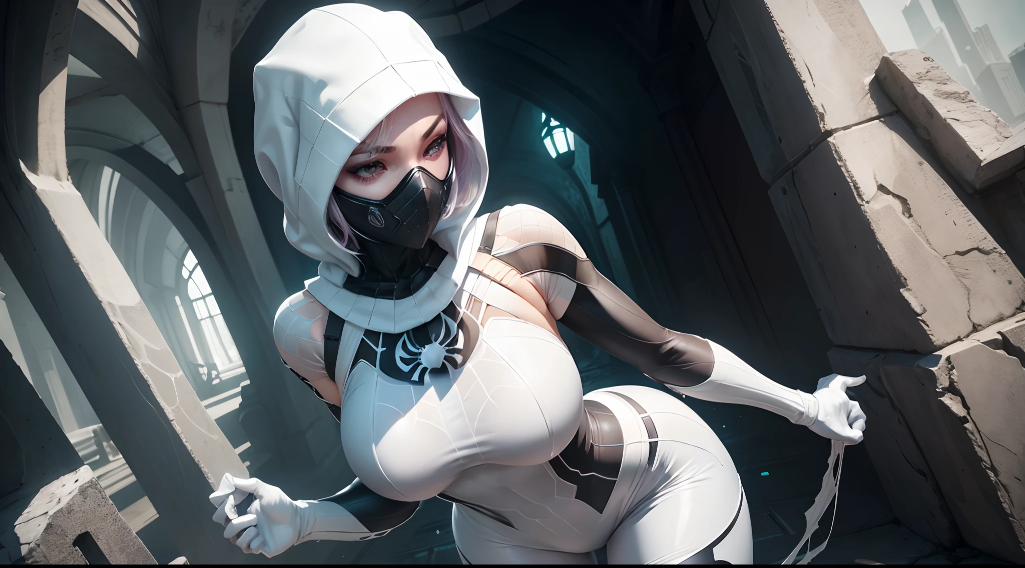 white spiderweb spidergwen based dress , white gasmask , black spider hugging white spider  pose , masterpiece , white bra , white pants , white leggings , in void space