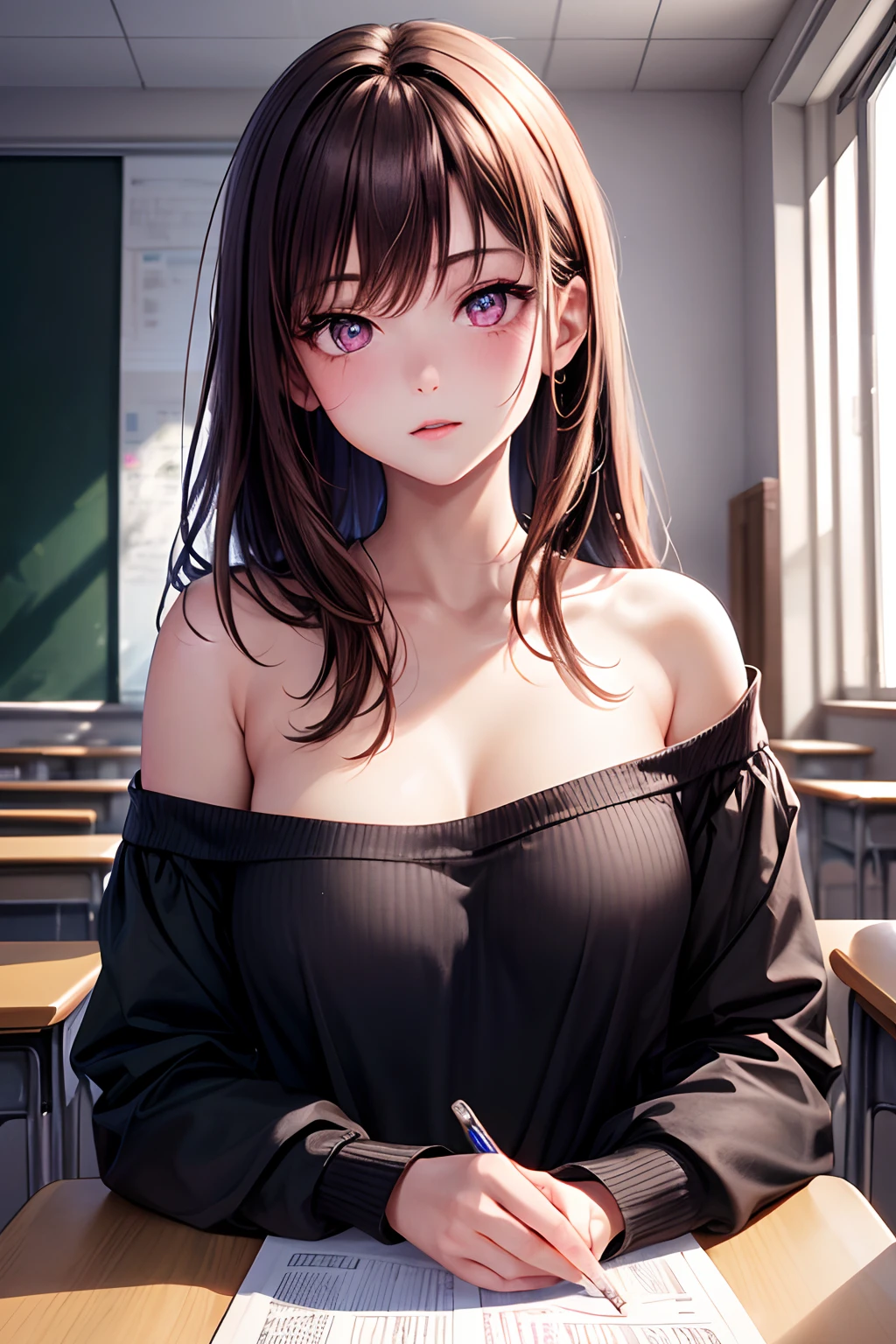 ((beautiful face)), extremely delicate facial,the creamy smooth skin,masterpiece, 1girl, best quality, ultra high res, (photorealistic:1.4),full_body,,tender shining,amazing scene lighting,(In classroom), ((black off-shoulder dress)),Look at the audience,necklace