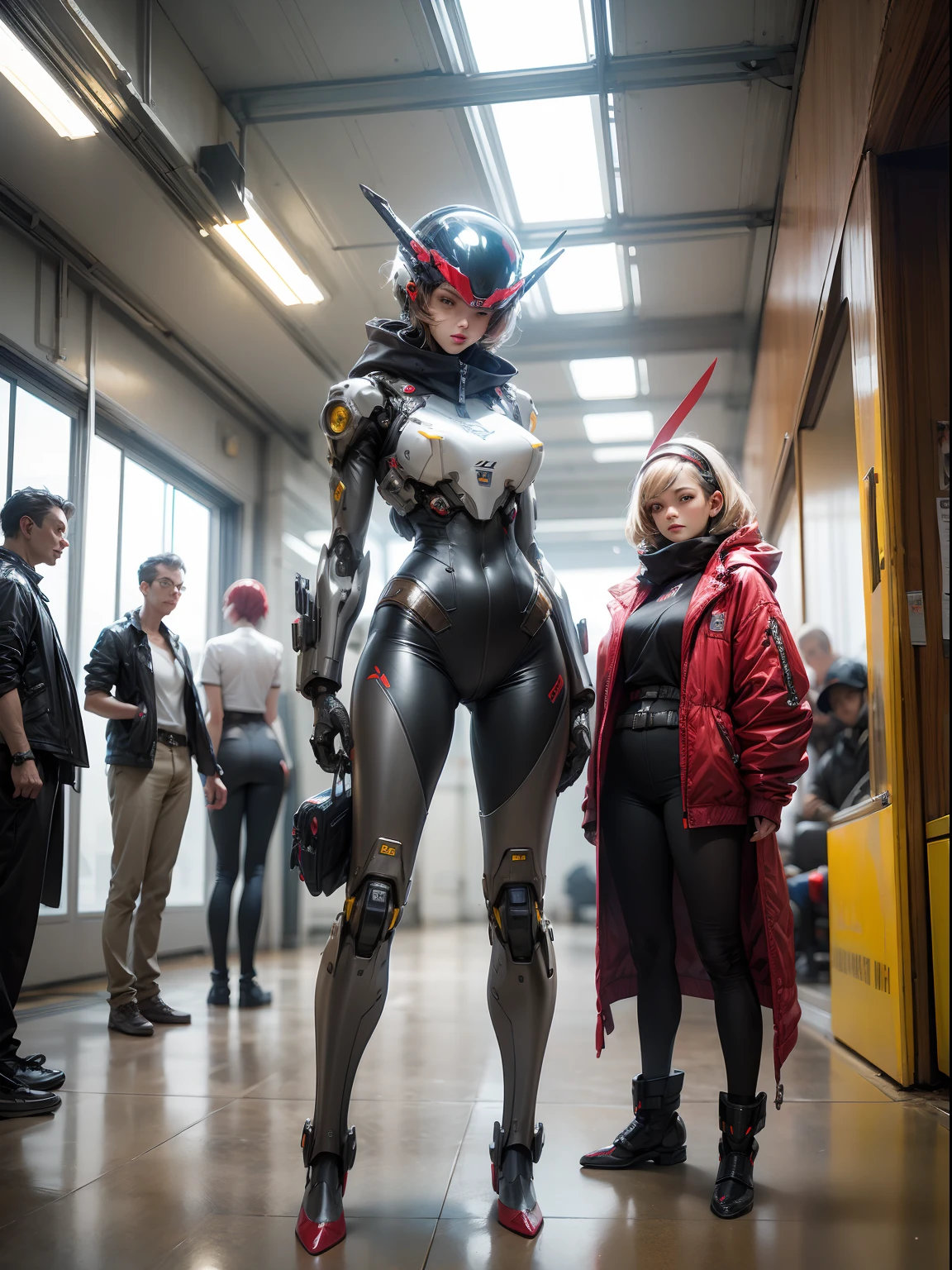a Mecha woman with a helmet standing in front of a group of mannequins, cyberpunk art by Jim Burns, cgsociety, retrofuturism, daz3d, ps1 graphics, dystopian art