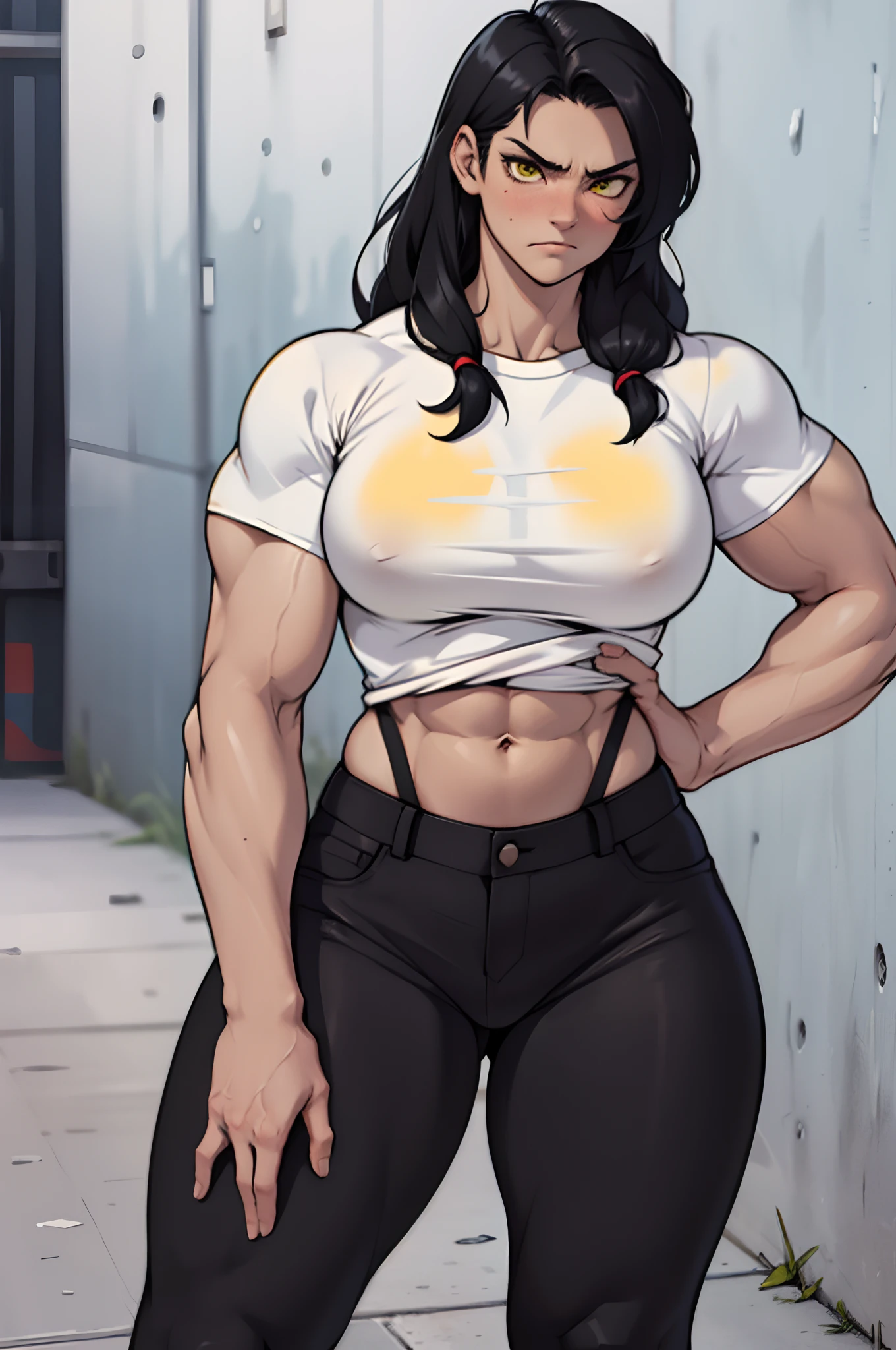1girl, extremely long hair, solo, ((muscular)), veins, black hair, yellow eyes, blushing, thick thighs, pale skin, strong, veins, abs, big thighs, huge breasts, navel, standing, angry, tight pants, tight shirt