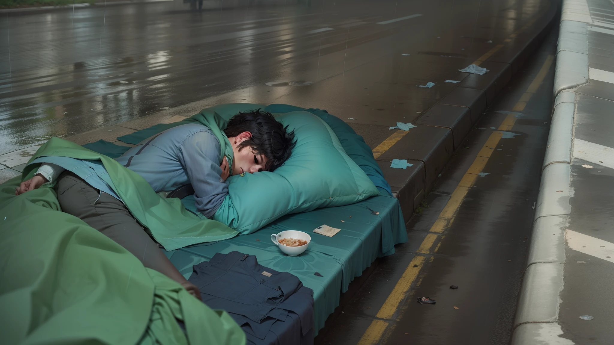 A young man sleeps in the street,The rain fell on her tattered clothes