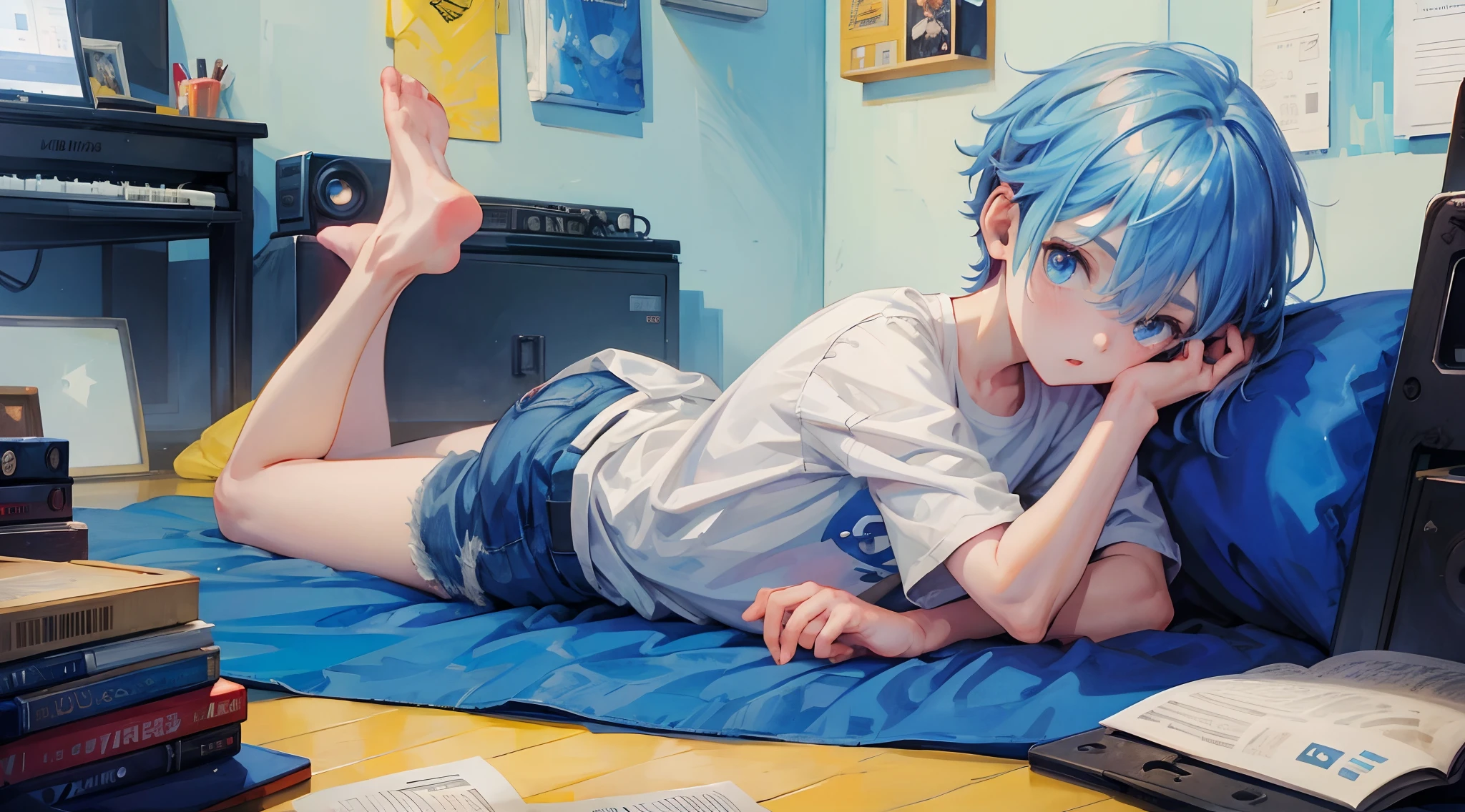 , blue eyes, in jeans, long red hair, with headphones, sitting on a bench, black background, lofi style, cartoon,
anime