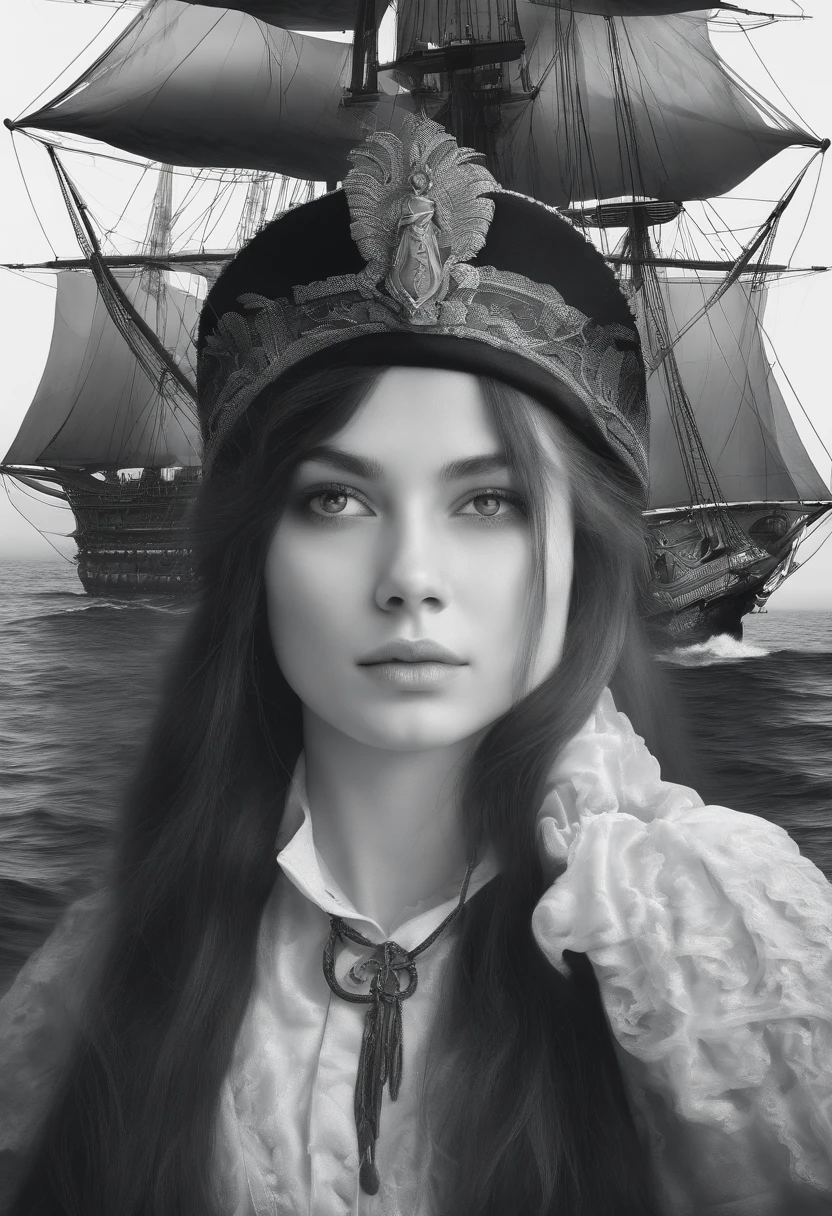 black and white photograph of a young pirate woman long straight black hair with a majestic and dark sailing ship in the background, high resolution
