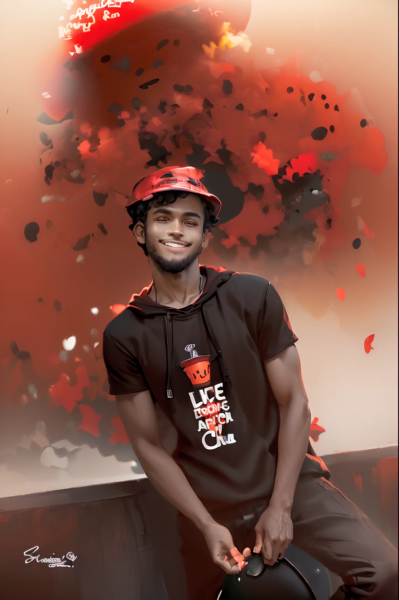 ((boy)),((dark brown hair)), ((curly hair)), ((black bucket hat)), ((smiley face on black bucket hat)), ((simple smiley face desighn on black bucket hat)), ((race: hispanic)), ((red hoodie)), ((nothing on red hoodie)), ((happy)), ((pose: doing the peace sighn with his hand)), ((light red hoodie)), ((blank pants)), ((background: red and black gradient))