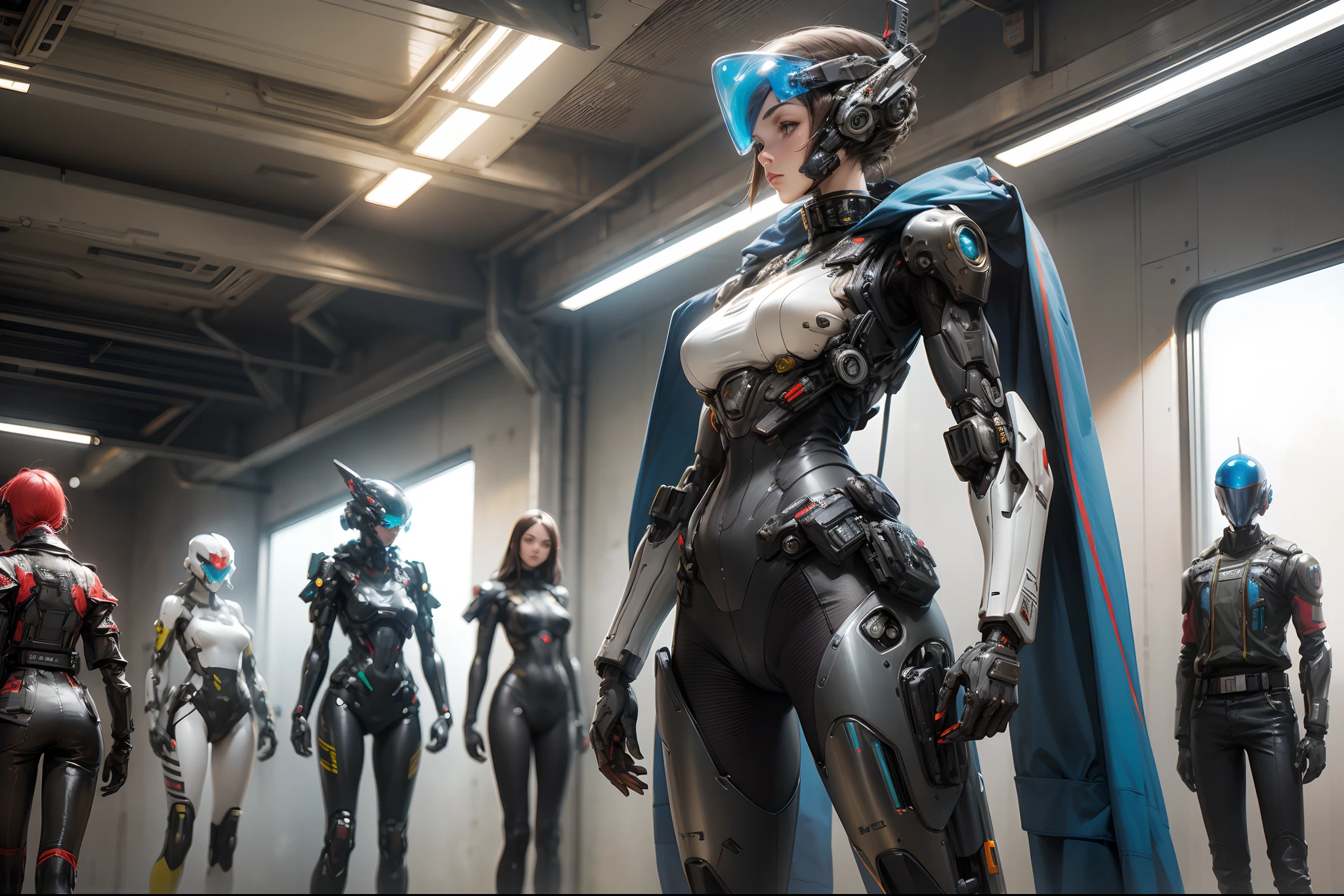 a Mecha woman with a helmet standing in front of a group of mannequins, cyberpunk art by Jim Burns, cgsociety, retrofuturism, daz3d, ps1 graphics, dystopian art