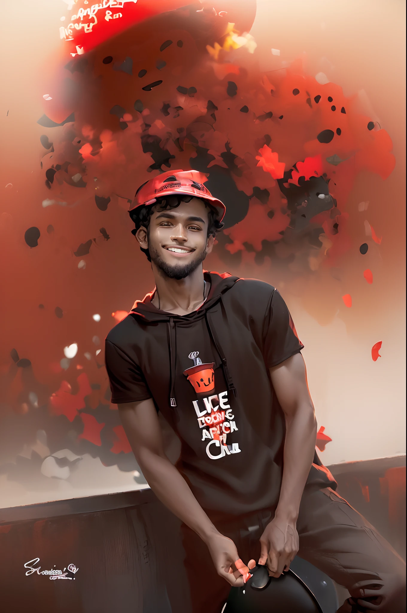 ((boy)),((dark brown hair)), ((curly hair)), ((black bucket hat)), ((smiley face on black bucket hat)), ((simple smiley face desighn on black bucket hat)), ((race: hispanic)), ((red hoodie)), ((nothing on red hoodie)), ((happy)), ((pose: doing the peace sighn with his hand)), ((light red hoodie)), ((blank pants)), ((background: red and black gradient))