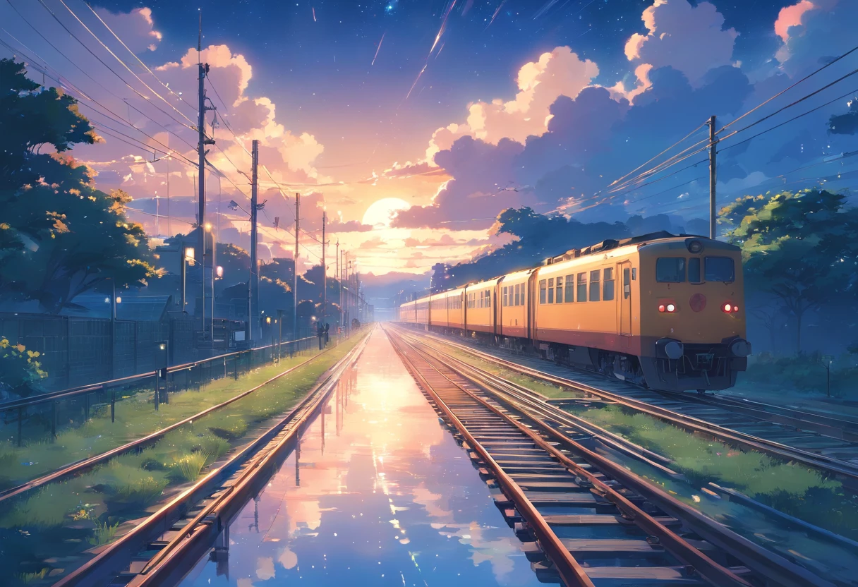 High quality masterpieces, landscapes, clouds, anime train passing water bodies on railway tracks in the distance, bright starry sky. traveler, romantic lights, pixiv, concept art, lofi art style, reflection. Makoto Shinkai, rophy art, beautiful anime scenes, anime scenery, detailed scenery — width 672, Makoto Shinkai's style, Makoto Shinkai's style, enhanced details.