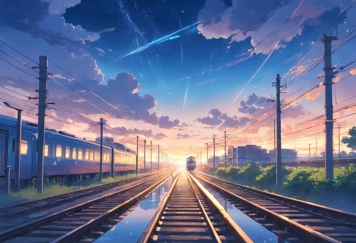 High quality masterpieces, landscapes, clouds, anime train passing water bodies on railway tracks in the distance, bright starry sky. traveler, romantic lights, pixiv, concept art, lofi art style, reflection. Makoto Shinkai, rophy art, beautiful anime scenes, anime scenery, detailed scenery — width 672, Makoto Shinkai's style, Makoto Shinkai's style, enhanced details.