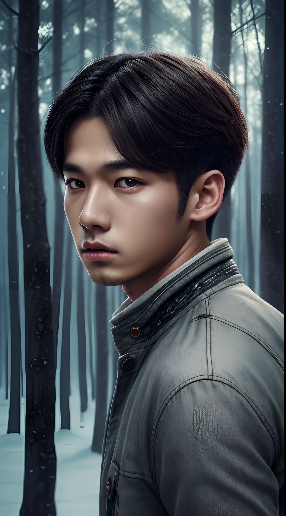 winter light, winter environment, masterpiece, young korean idol boy in focous shot, korean male,full body size, christmas theme, grey eyes, vertical pupils, forest, grey hair, cold look, light modern clothes, pale skin, colour grading, light illustration, the person in the middle, extreme quality, radiant, extremely detailed, ultra-detailed face, ultra hd 8k, ultra digitality, mythical, winter evening lightning, concept art portrait by Greg Rutkowski, artgerm, hyperdetailed, intricately detailed art, fantasy style, triadic colours, fantastical, intricate detail, splash screen, complementary colours, fantasy concept art, 8k resolution, deviantart masterpiece, oil painting, heavy strokes, soft lighting, film photography, analogue photography, film grain, Anna Dittmann, hyperrealism, oil dripping,boy,male, korean idol male face, short hair male,