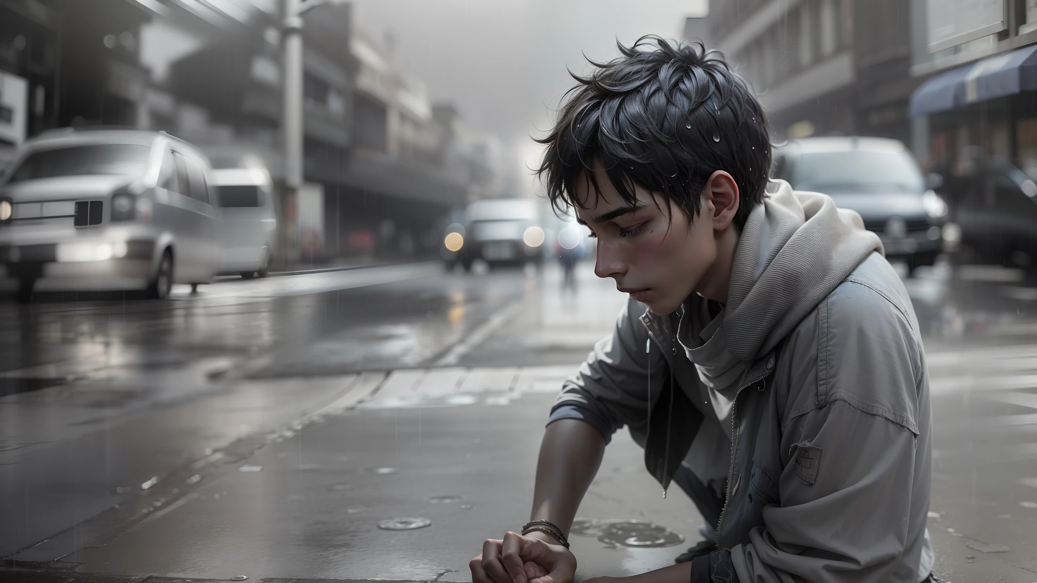 A young man sleeps in the street,The rain fell on her tattered clothes