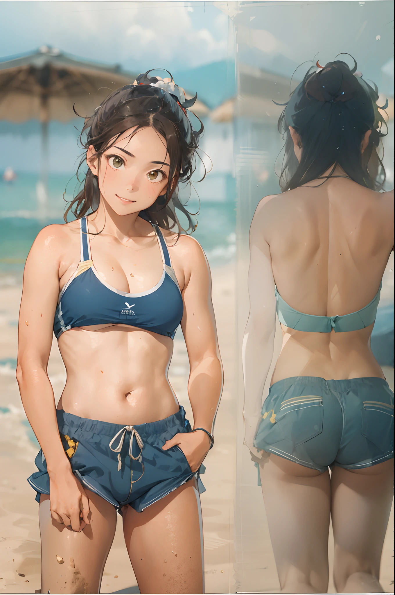 High resolution,
One beautiful young woman,
(soft saturation: 1.3), (fair skin: 1.2),
(ultra-detailed background, detailed background), bokeh,
Portrait of smiling girl breaking. When viewed from the front, the composition is symmetrical.
Look straight at you with serious eyes and break
yellow swimsuit, yellow bikini, middle breast,
outdoor, sea surface, sky, sunshine, summer beach, sand,
strong light, front light,
(Teenager: 1.3), (Cowboy Shot: 1.2), Break
angle from the front,
Look at the viewer,
Dynamic Pose,
Sitting on the beach

Wakame, wakame, wakame, wakame, wakame, wakame, wakame,