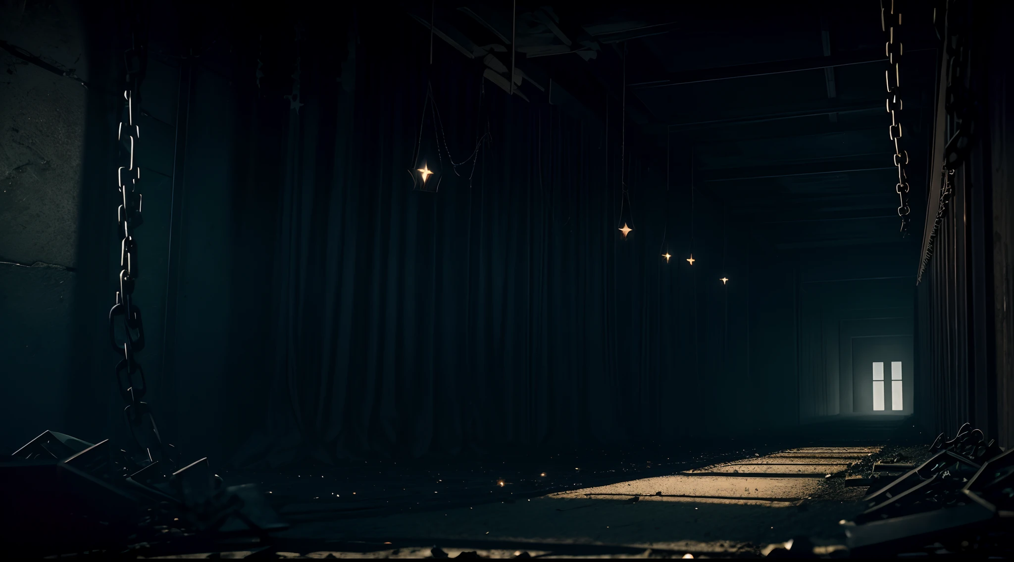 Transform the darkness of criminality into visually striking art. Create an image that represents the duality between the darkness of crime and the tragic beauty of lost souls. Use elements such as shadows, stars, and chains to convey this somber message. Ultra-realistic image, 8K, HDR, vibrant colors.