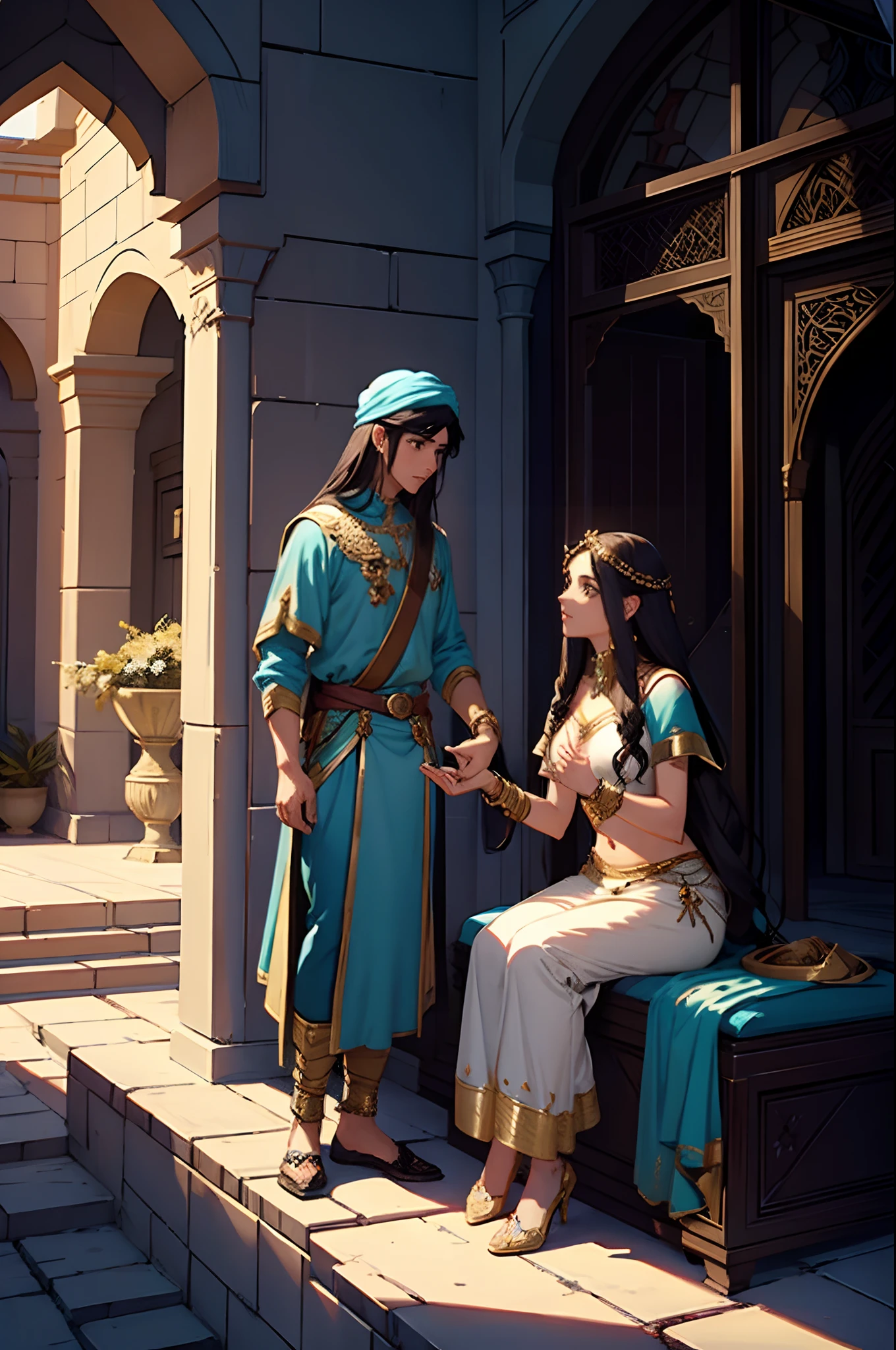 Explain the framing device where Scheherazade tells stories to King Shahryar.
A picture of Scheherazade telling stories to the king, Arabian Nights
