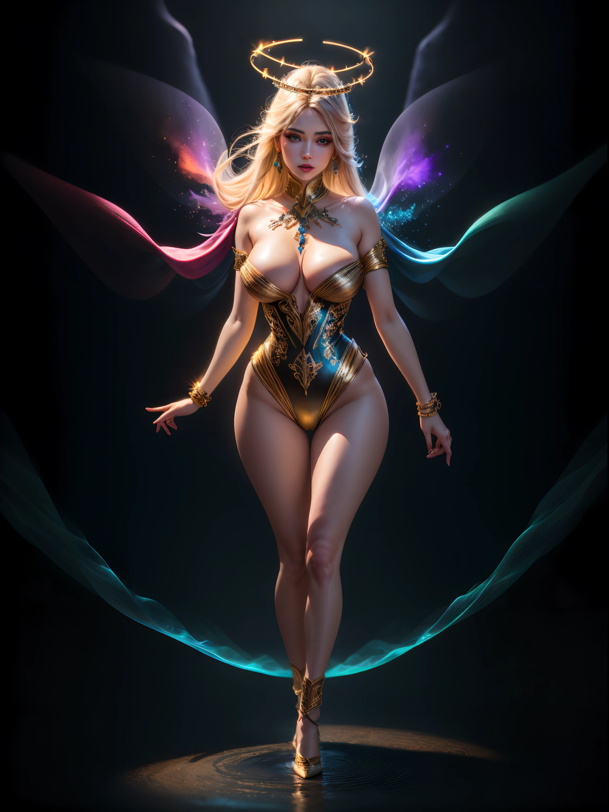 3d, isometric illustration , (cinematic lighting:1.3), (ethereal lighting:1.3), beautiful girl wearing exquisite flowing sequin garment, swirling, swirling light rays around, her wrist , glowing particles, swirling colourful halo in her wrist, big breasts, beautiful, full body, ultra realistic, Canon EOS 5D Mark IV DSLR, f/ 8, ISO 100, 1/ 250 second,