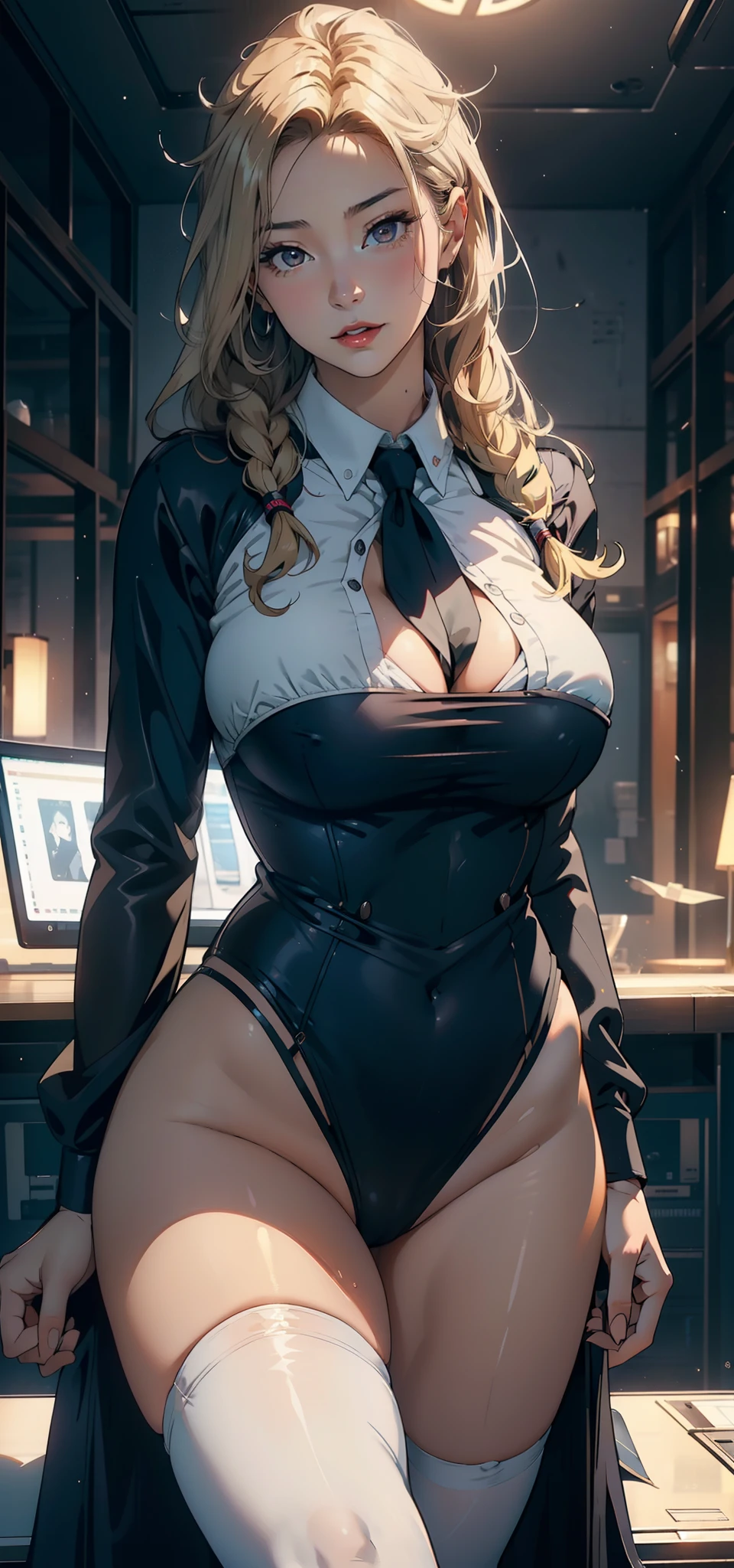1female，41 years old，熟妇，A MILF，mature，plumw，extremely large bosom ，Pornographic exposure， 独奏，（Background with：aerodrome，Planes，the rainforest，in summer） She has long blonde hair，dual horsetail，Workstations within the aircraft，standing on your feet，seen from the front， hair straight， mostly cloudy sky，（（（tmasterpiece），（Very detailed CG unity 8K wallpaper），best qualtiy，cinmatic lighting，detailed back ground，beatiful detailed eyes，Bright pupils，（Very fine and beautiful），（Beautiful and detailed eye description），ultra - detailed，tmasterpiece，）），facing at camera，A high resolution，ultra - detailed），revealing breasts，Bare genitalia，  Bulge，legs are open，Raised sexy，Camel toes，Flushed complexion，Open-mouthed，frontage，Stewardess，（Wearing：flightattendantuniform，White collar，black necktie，black pantyhoses）The upper part of the body