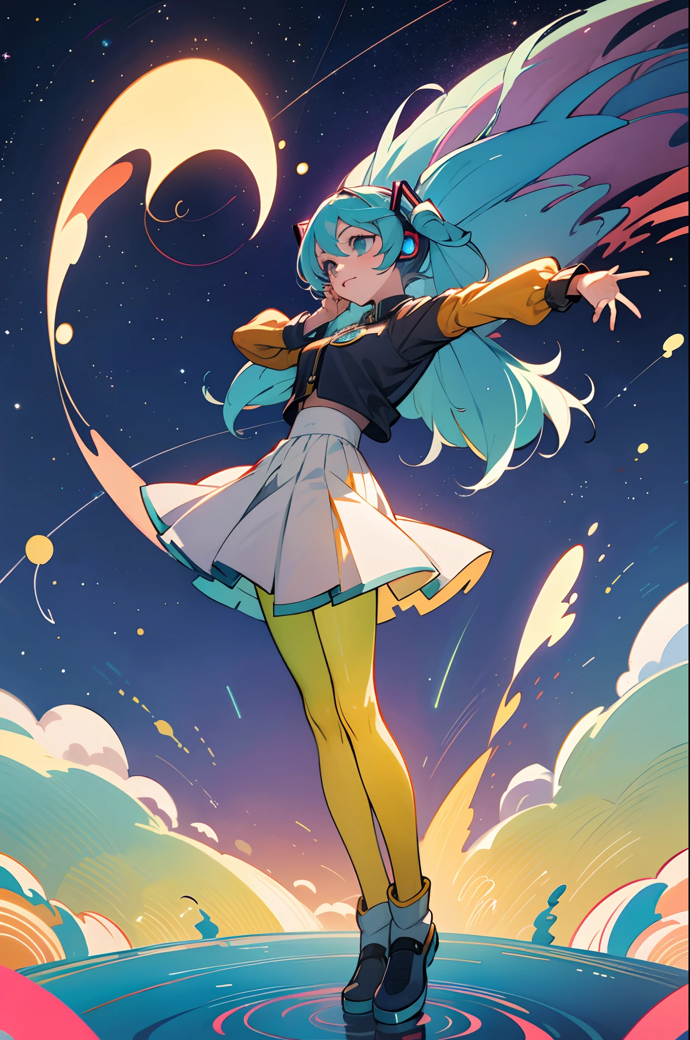 Hatsune miku, ceu estrelado, space, 4k, HDR, anime, garota, caminhada, fones de ouvido, gotas de chuva, pose em C, espiral, Highlights in hand, Multiple worlds, improve hands, Assaltos gigantes, ambiente melhorado, Improved scenario, Olhos melhorados, melhoria na pose, Hands to the sky, olhos brilhantes, destaque no personagem, improvement of arms and legs
