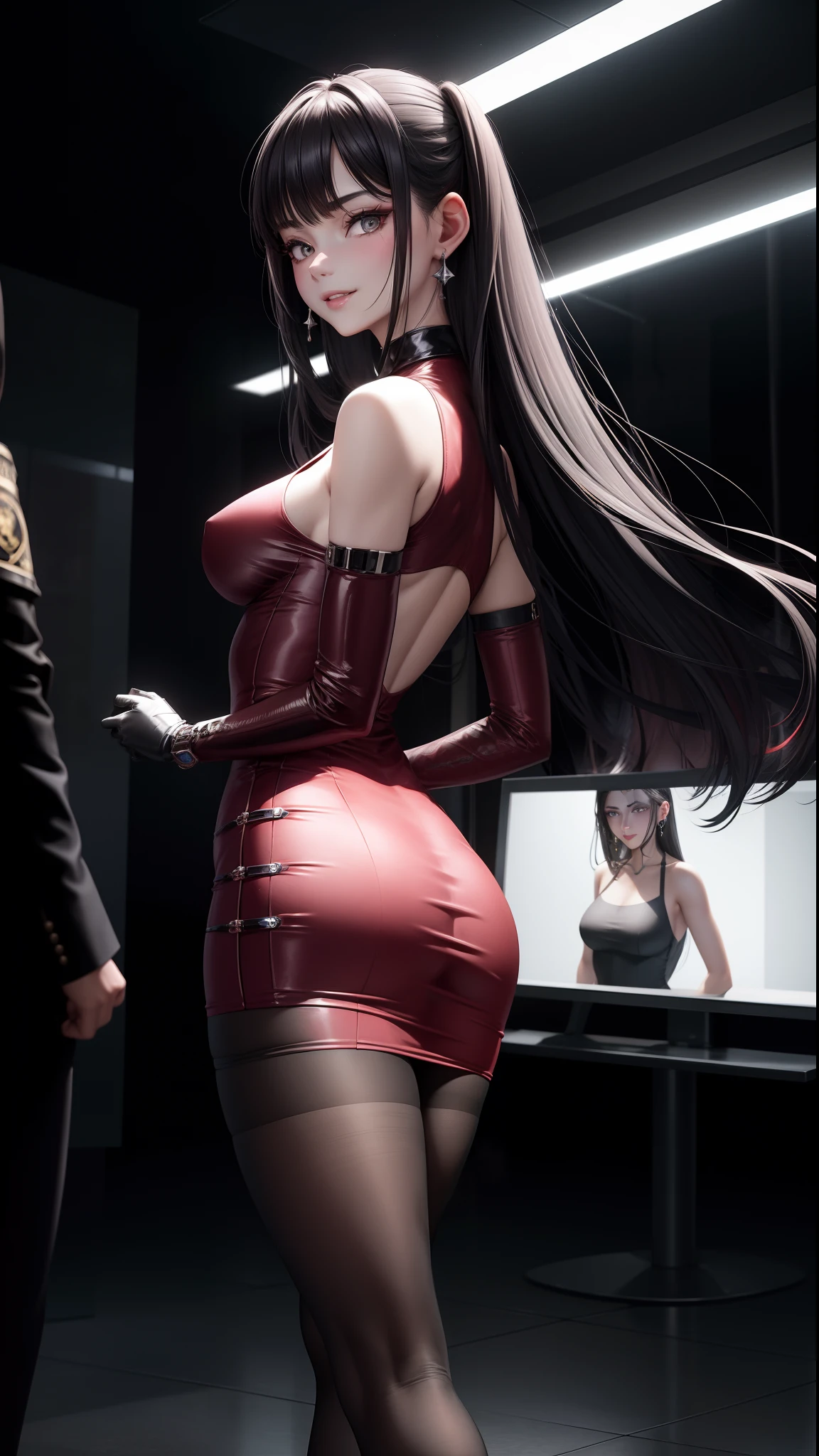inside a high tech control room with many monitors and screen, silver hairs, bared legs, wearing black suit and mini tight skirt, a girl with calm and rational personality, demonstrating a loyal and efficient approach to her tasks, human-like aspect to her, possess emotions and empathy, leadership and cooperation would be crucial traits for her in order to support the mercenaries effectively, 6-foot-tall mechanical being with a silver metallic exterior, boasts a futuristic design, sports data control gloves on her wrists, with small hardware interfaces on her fingertips, waist carries a belt containing communication devices, hacking tools, and other accessories, 8k, masterpiece, RAW photo, best quality, photorealistic, extremely detailed CG unity 8k wallpaper, Depth of field, Cinematic Light, Lens Flare, Ray tracing, (extremely beautiful face, beautiful lips, beautiful eyes), intricate detail face, ((ultra detailed skin)) 1girl, in the dark, deep shadow, pretty korean girl, kpop idol, 1 girl, (very slim slender fit-muscled body:1.3), ((looking at viewer)),(big smile:1.3), (fashion city night, dark night, (neon sign), (blurred background), fashion street night),(without people in the background:1.3), beautiful earrings, bracelets, necklace, pantyhose, clear eyes, walking, (pale skin), (big eyes), face forward, (brown hairs), (full body shot), ((silk hot ruby red color dress:1.3)), ((tight fitting dress)), ((laced dress)), (looking at viewer:1.3) open breast, very slim, medium breasts, turning back, (back shot), ass focus, brow front,(tight dress), thick thighs